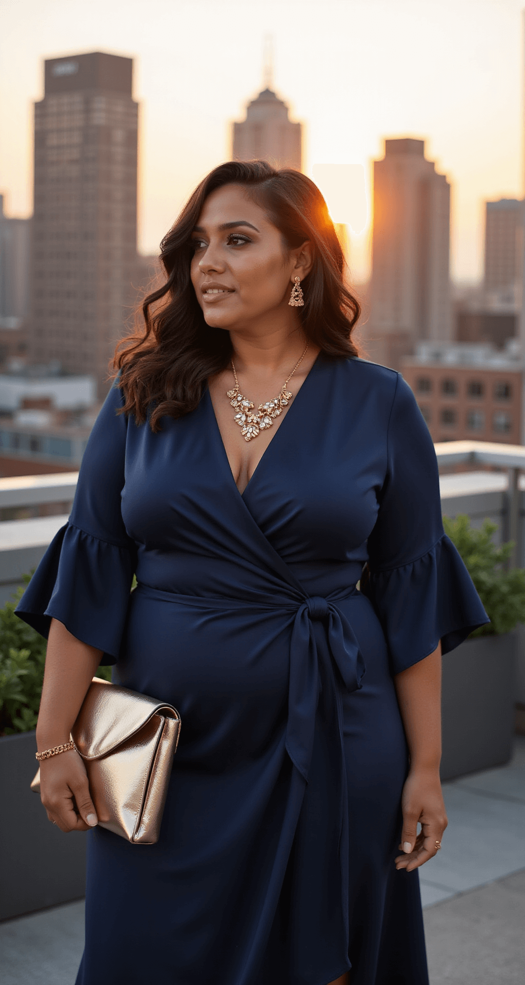 A curvy woman in a jewel-toned navy wrap dress with dramatic sleeves stands on a sophisticated urban rooftop at sunset, with the city skyline in the background. The silk fabric of her dress catches the warm evening light, complemented by geometric gold jewelry and a metallic envelope clutch. The image features a shallow depth of field, emphasizing the luxurious draping of the dress.
