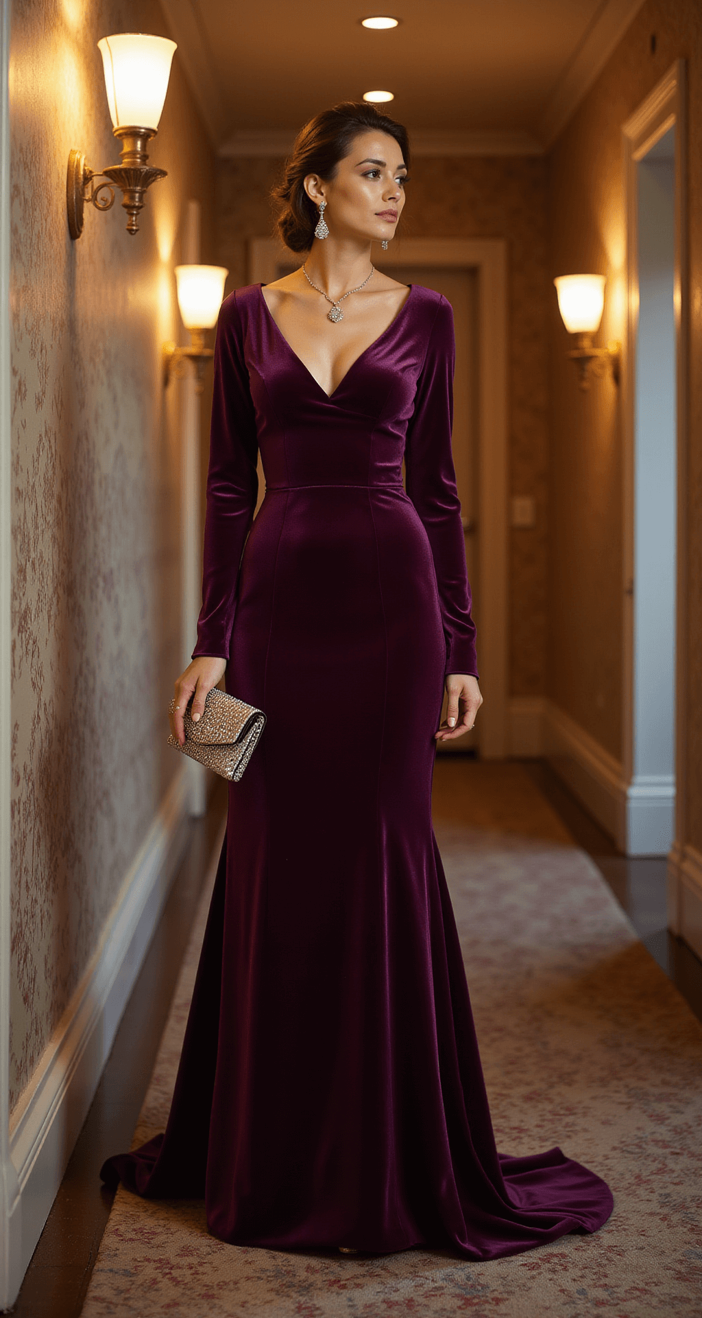 A tall woman in a deep plum velvet gown with long fitted sleeves stands in a classic hotel corridor adorned with elegant wallpaper and sconce lighting, holding a vintage-inspired crystal clutch and wearing drop earrings that catch the light.