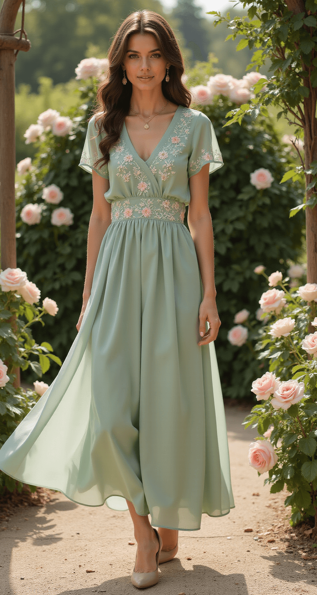A woman in a sage green chiffon dress with flutter sleeves and floral embroidery stands gracefully in a sunlit countryside venue, surrounded by garden roses. Her dress billows gently in the breeze, complemented by nude block heels and minimal gold jewelry, all captured in soft natural backlighting for an ethereal look.