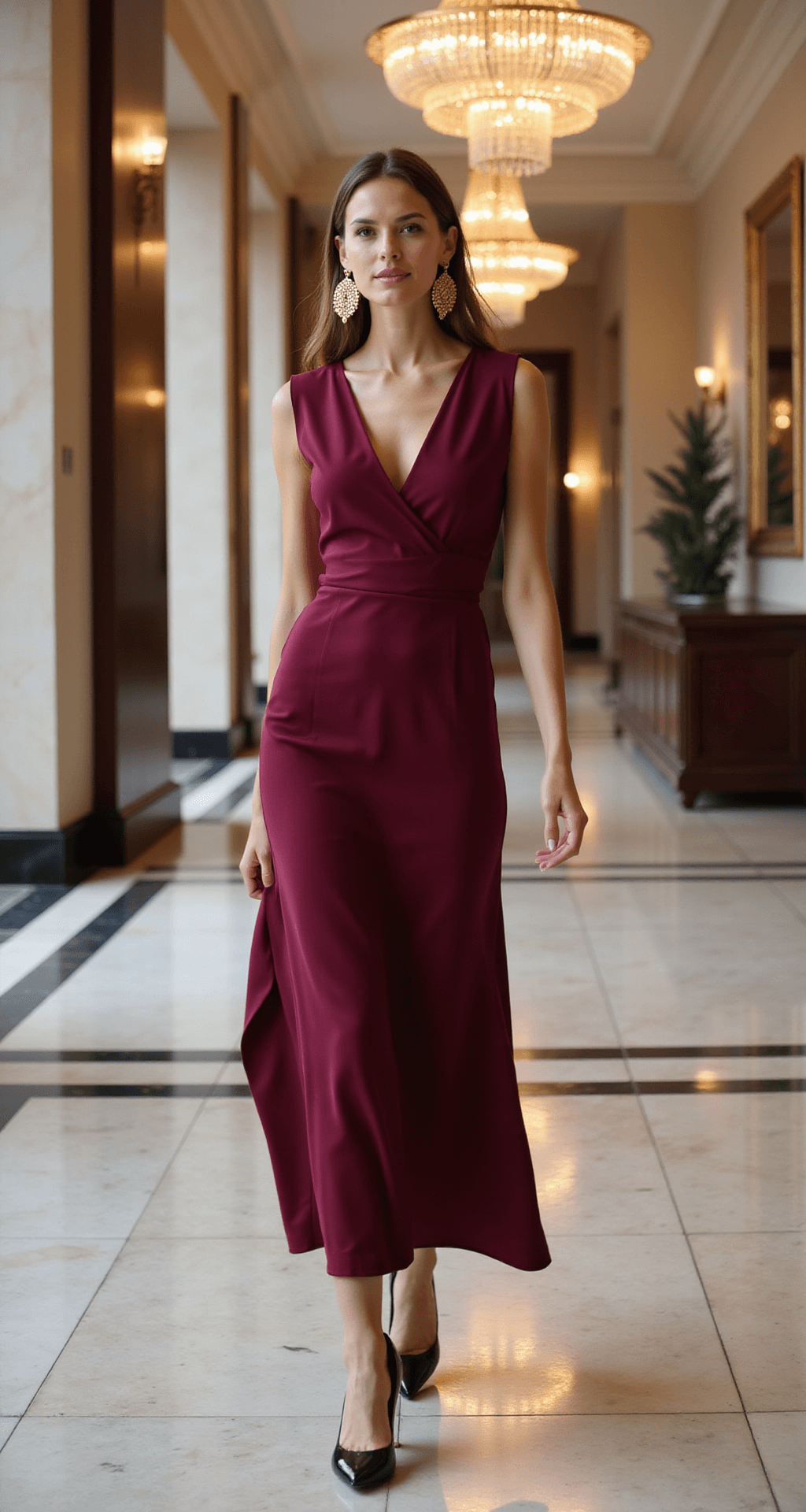 THE REAL DEAL ON ELEGANT WEDDING GUEST DRESSES A confident woman in a burgundy crepe column dress walks through a sophisticated hotel lobby with marble floors and crystal chandeliers, showcasing elegant gold earrings and black stilettos, captured from a front three-quarter angle with soft ambient lighting.