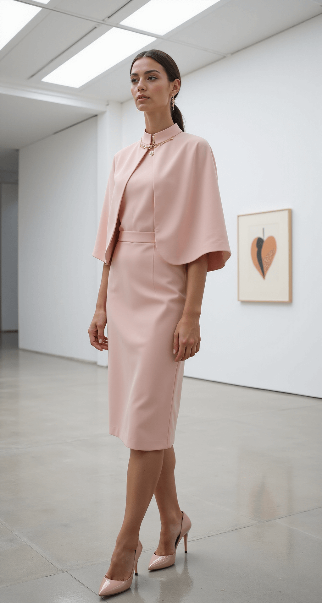 THE REAL DEAL ON ELEGANT WEDDING GUEST DRESSES A model in a blush pink high-neck crepe dress with an elegant cape detail stands in a light-filled contemporary art gallery, showcasing minimal rose gold jewelry and nude patent pumps, with natural makeup and a sleek low ponytail, while sunlight streams through the skylights.