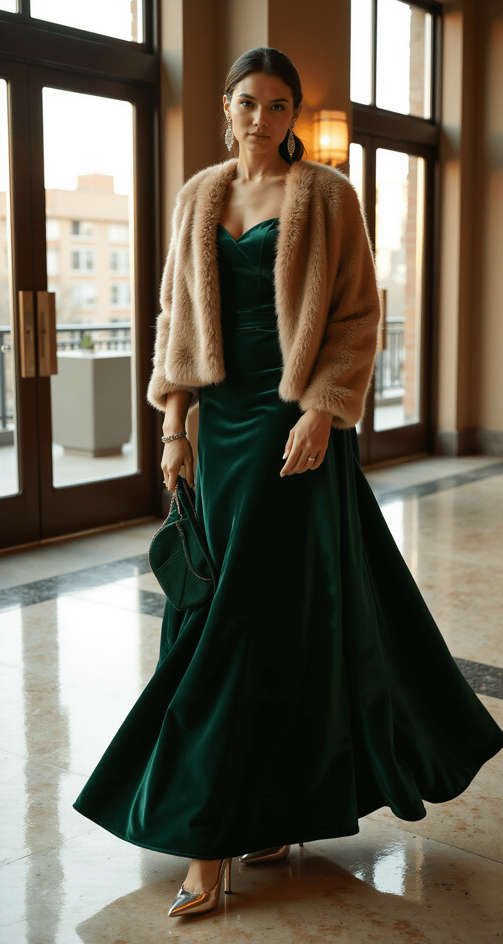 A woman in a deep emerald velvet gown with a champagne faux fur stole poses in a luxurious urban hotel lobby at golden hour, with natural light streaming through large windows, highlighting the gown's texture and reflecting off marble floors. She wears crystal drop earrings and gold heels, holding a matching velvet clutch, captured from a low angle to emphasize the gown's dramatic sweep.
