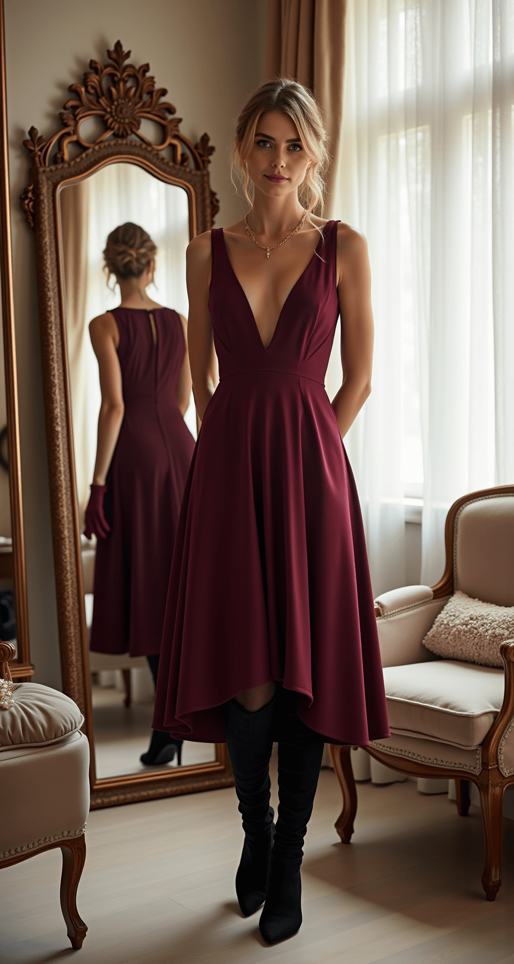 A woman fitting a burgundy heavy crepe midi dress in a luxe boutique dressing room, surrounded by vintage mirrors and plush seating, styled with black tights and knee-high suede boots, with winter wedding accessories displayed nearby, illuminated by soft morning light.