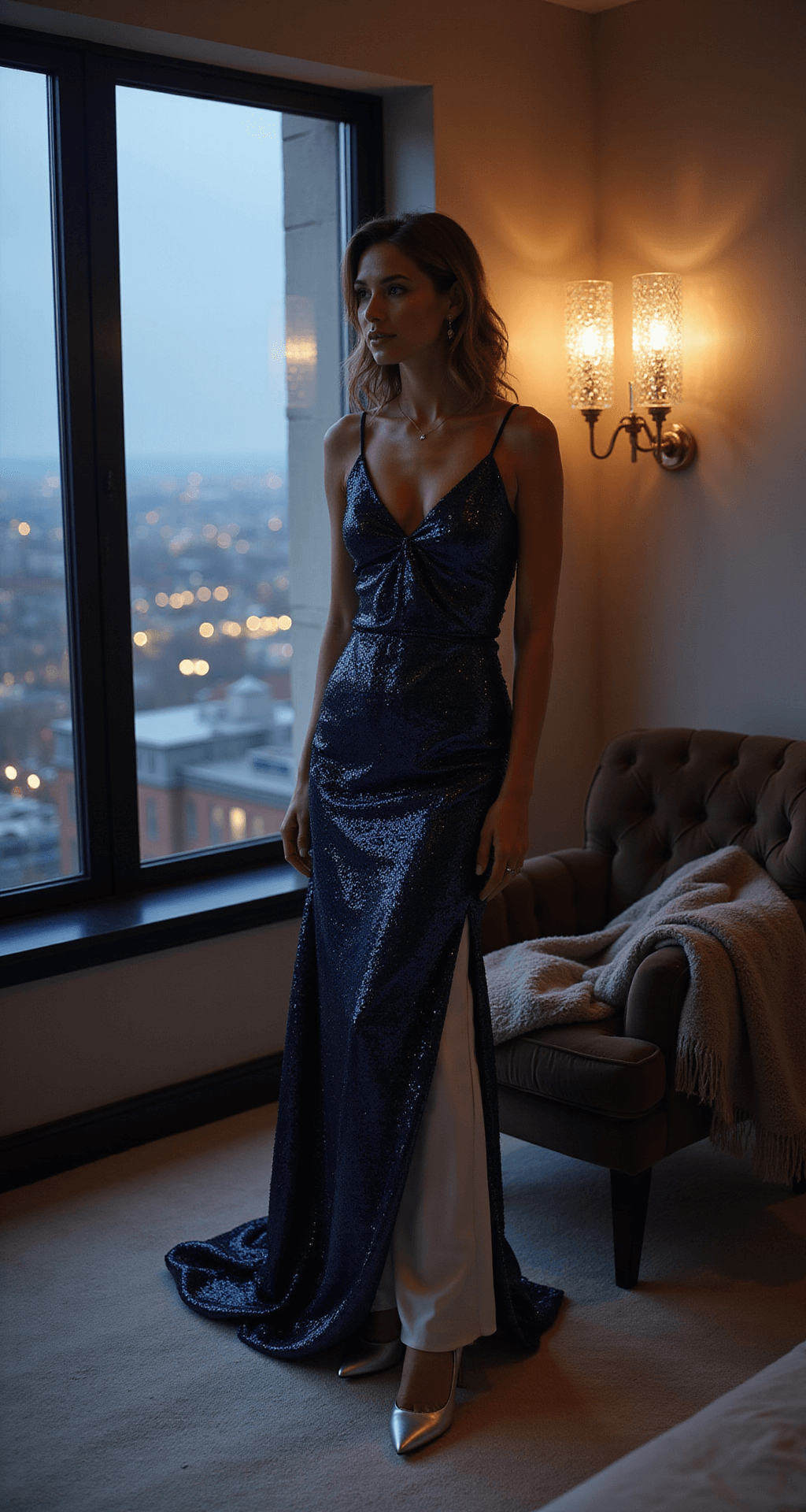 A modern penthouse bedroom at dusk with a woman in a navy sequined maxi dress preparing for a winter wedding. She wears metallic silver pumps and a layered silver silk slip, with elegant wraps draped over a velvet chair, illuminated by warm ambient light from crystal wall sconces.