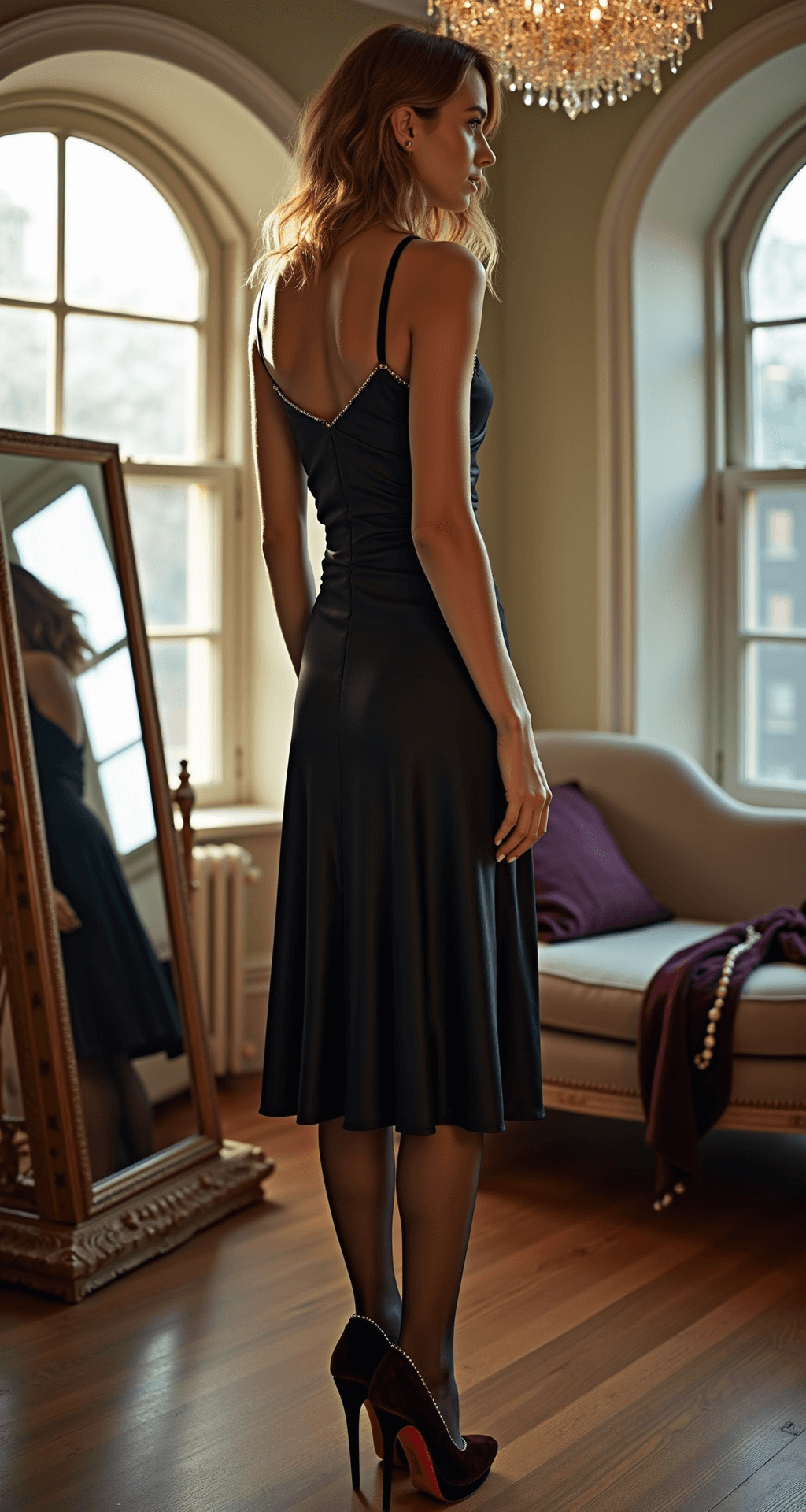 A woman in a black satin midi dress stands before a full-length mirror in a sunlit brownstone living room, with sheer crystal-dotted tights and burgundy velvet platform heels. A pearl-trimmed wrap is draped on a nearby chaise, while a crystal chandelier sparkles softly in the background.