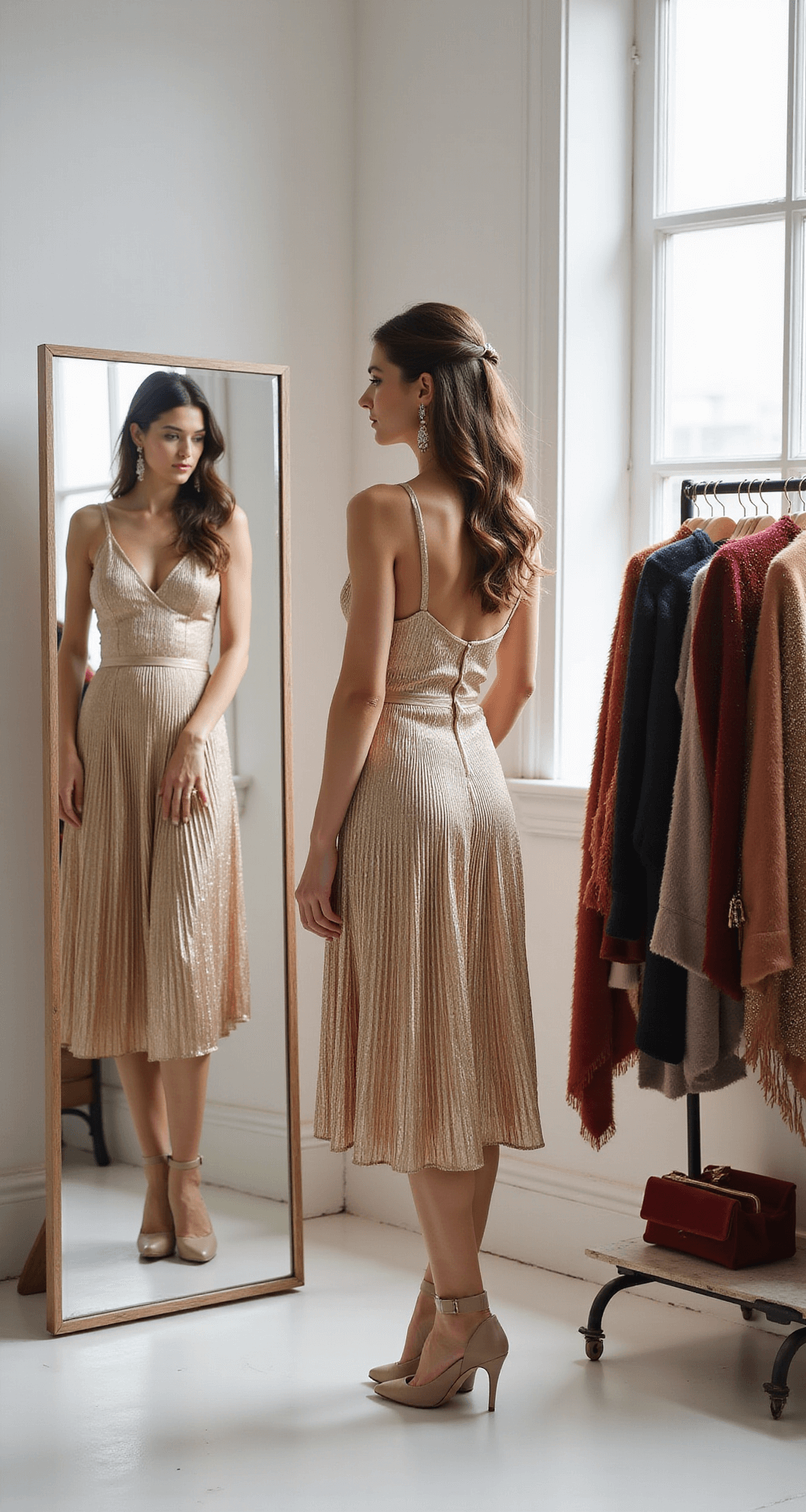 A woman in a metallic gold pleated midi dress stands in a minimalist bridal boutique, admiring herself in a three-way mirror. Morning light fills the space, highlighting nearby racks of velvet wraps, beaded clutches, and elegant gloves in jewel tones.