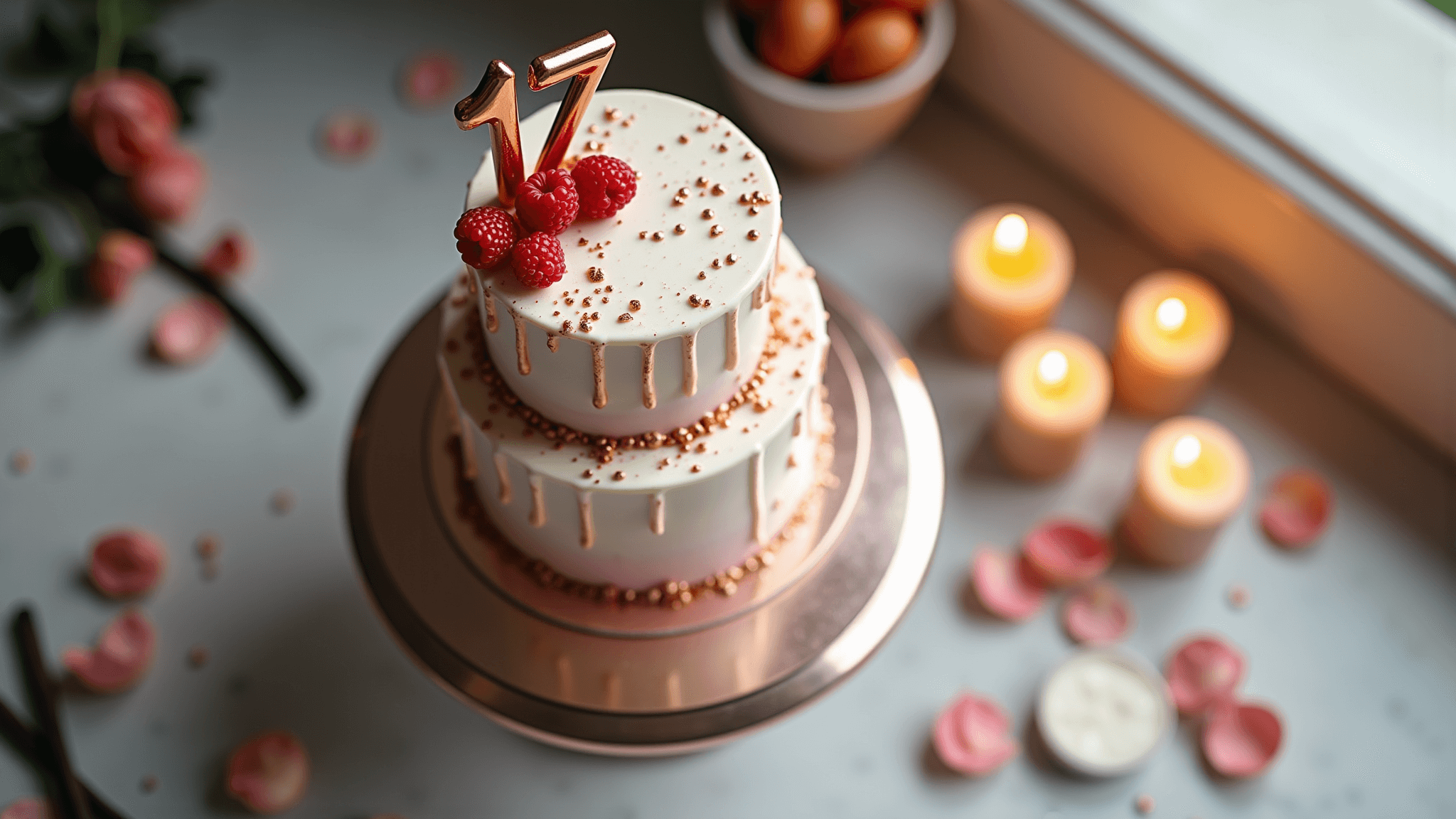 A luxurious two-tier birthday cake with pearl-white frosting, rose gold drips, and a "17" topper, surrounded by rose petals, glowing candles, and baking ingredients on a marble countertop, captured in soft natural light.