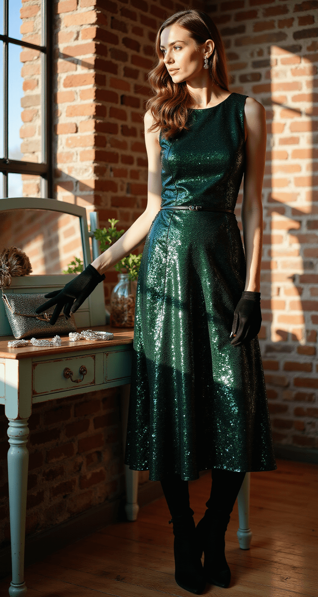 A woman styles a forest green sequined midi dress in a chic downtown loft with exposed brick walls, as late afternoon sun casts dramatic shadows. Winter wedding accessories like a beaded clutch, crystal hair clips, and satin gloves are arranged on a vintage vanity.