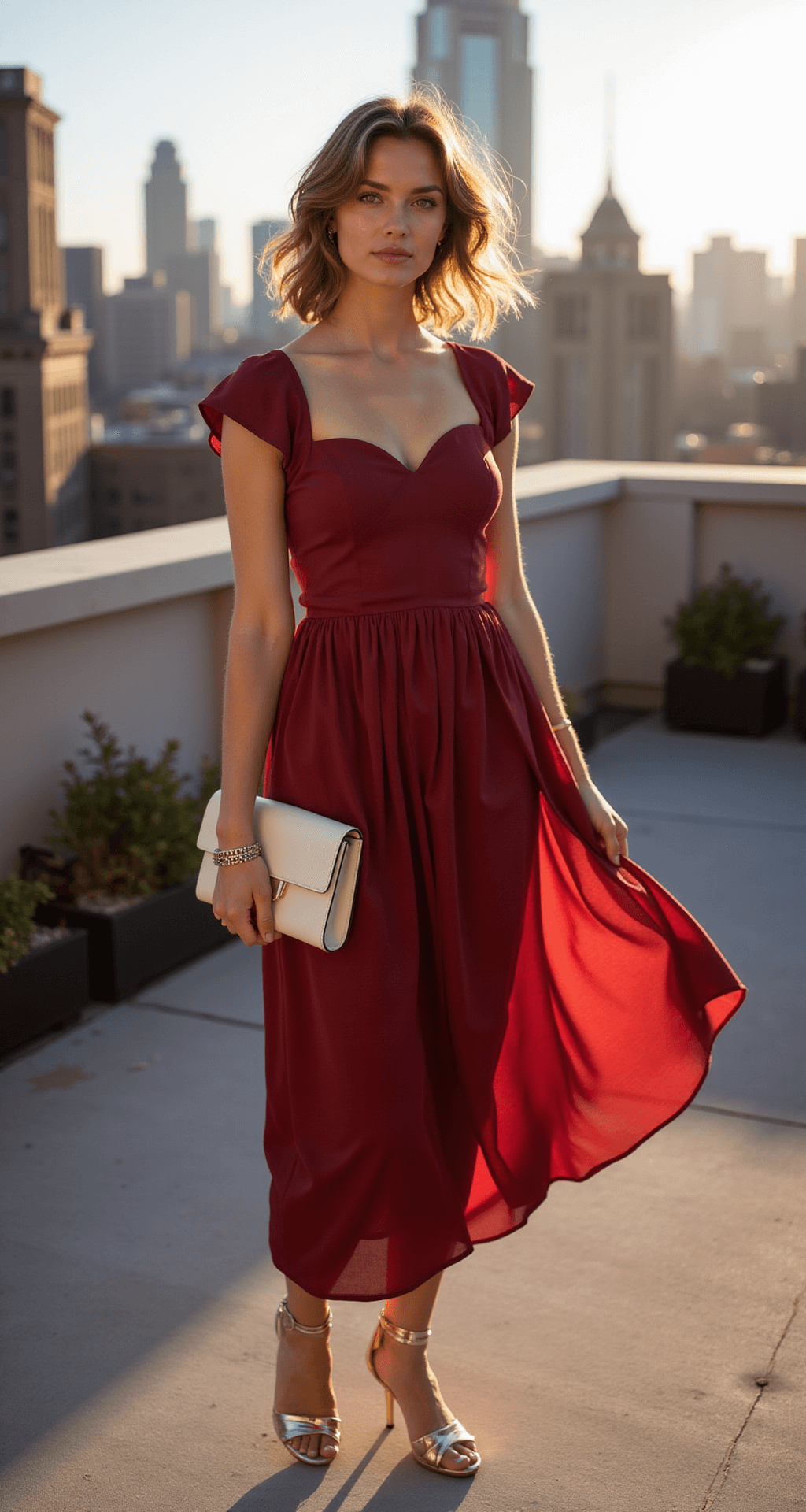 A fashion model in a cherry-red midi dress poses on a sunlit Manhattan rooftop terrace during golden hour, showcasing delicate cap sleeves and a sweetheart neckline, with strappy gold sandals and a cream leather clutch, as natural hair flows in the breeze.