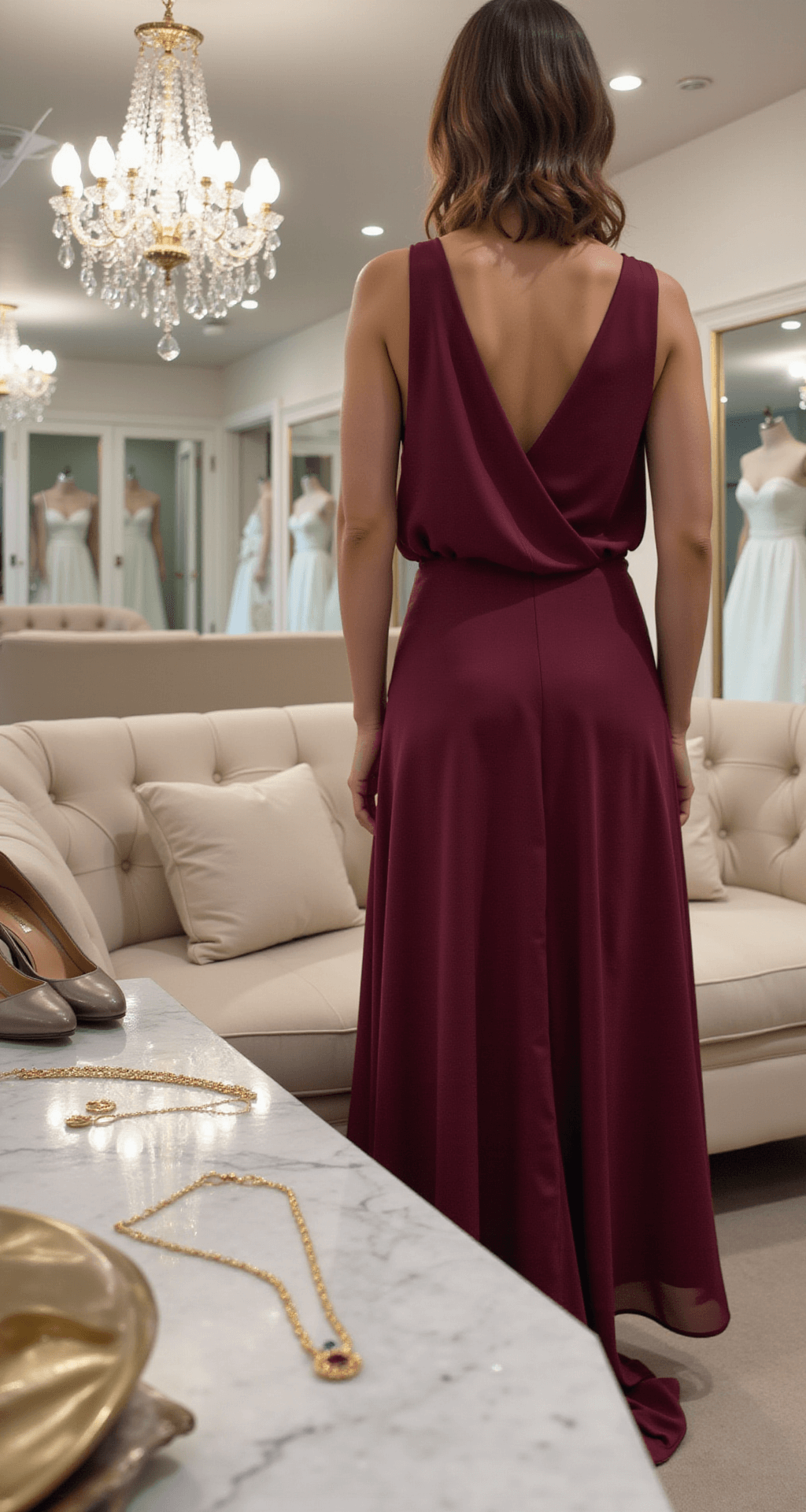 Close-up of a woman trying on a deep burgundy silk crepe wrap dress in a luxurious bridal boutique dressing room, with soft diffused lighting from crystal chandeliers, gold jewelry on a marble counter, and neutral metallic pumps in the foreground, captured from a 45-degree angle with shallow depth of field.