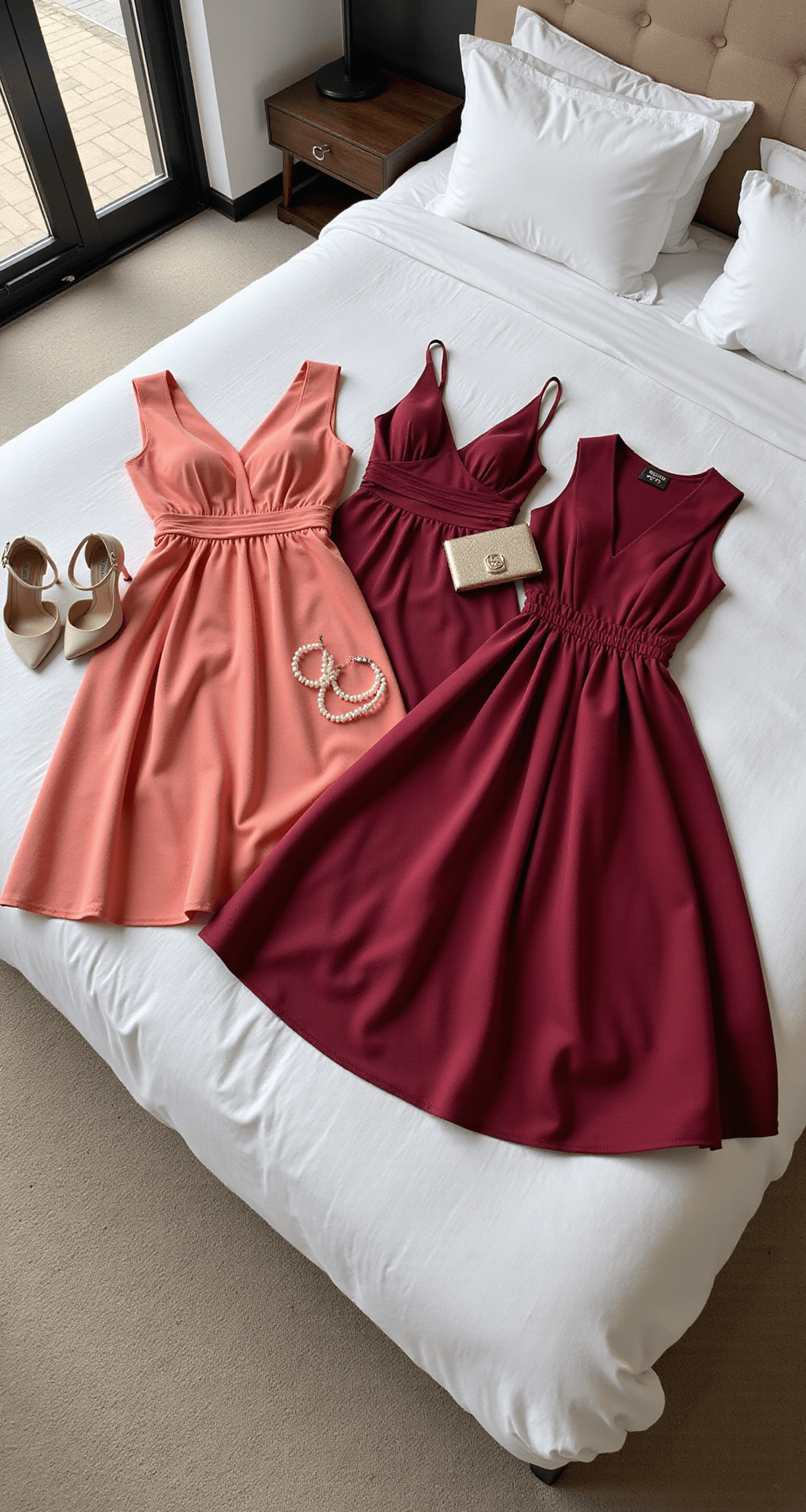 Modern minimalist bedroom featuring floor-to-ceiling windows with soft morning light, showcasing three red dresses on a plush white bed: a coral A-line midi, a ruby slip dress, and a wine-colored wrap dress, alongside nude stilettos, pearl earrings, and metallic clutches, all captured from an overhead perspective.