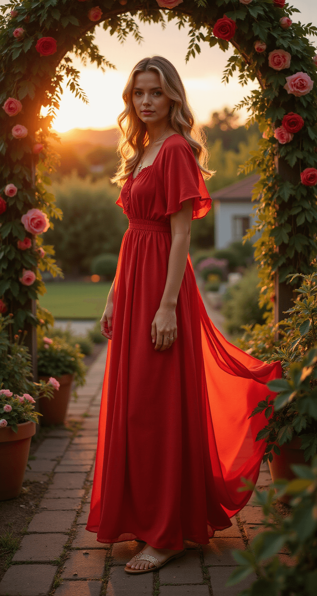 A model in a poppy-red chiffon maxi dress stands gracefully in a vintage-inspired garden party setting, illuminated by warm magic hour lighting filtering through a rose arbor, with soft bokeh from string lights enhancing the dreamy atmosphere.
