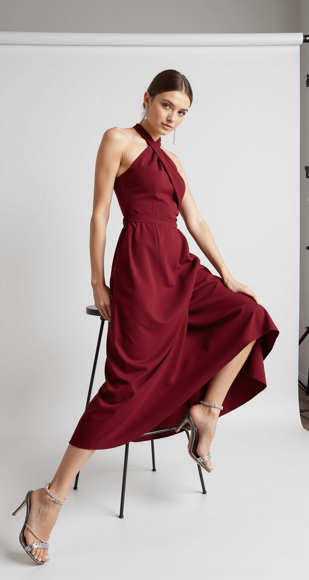 A model seated elegantly in a bright contemporary fashion studio, showcasing a crimson crepe midi dress with an asymmetrical neckline, paired with silver strappy heels and pearl drop earrings against a clean white backdrop.