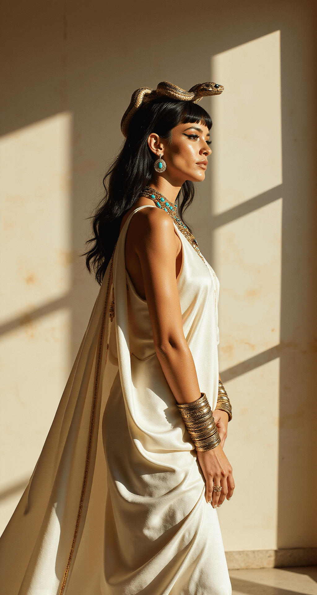 Model channeling Cleopatra in a flowing white silk maxi dress with gold threading, adorned with a gold collar necklace and serpentine arm cuffs, against a cream limestone backdrop in a sun-drenched photography studio, captured in profile during golden hour.