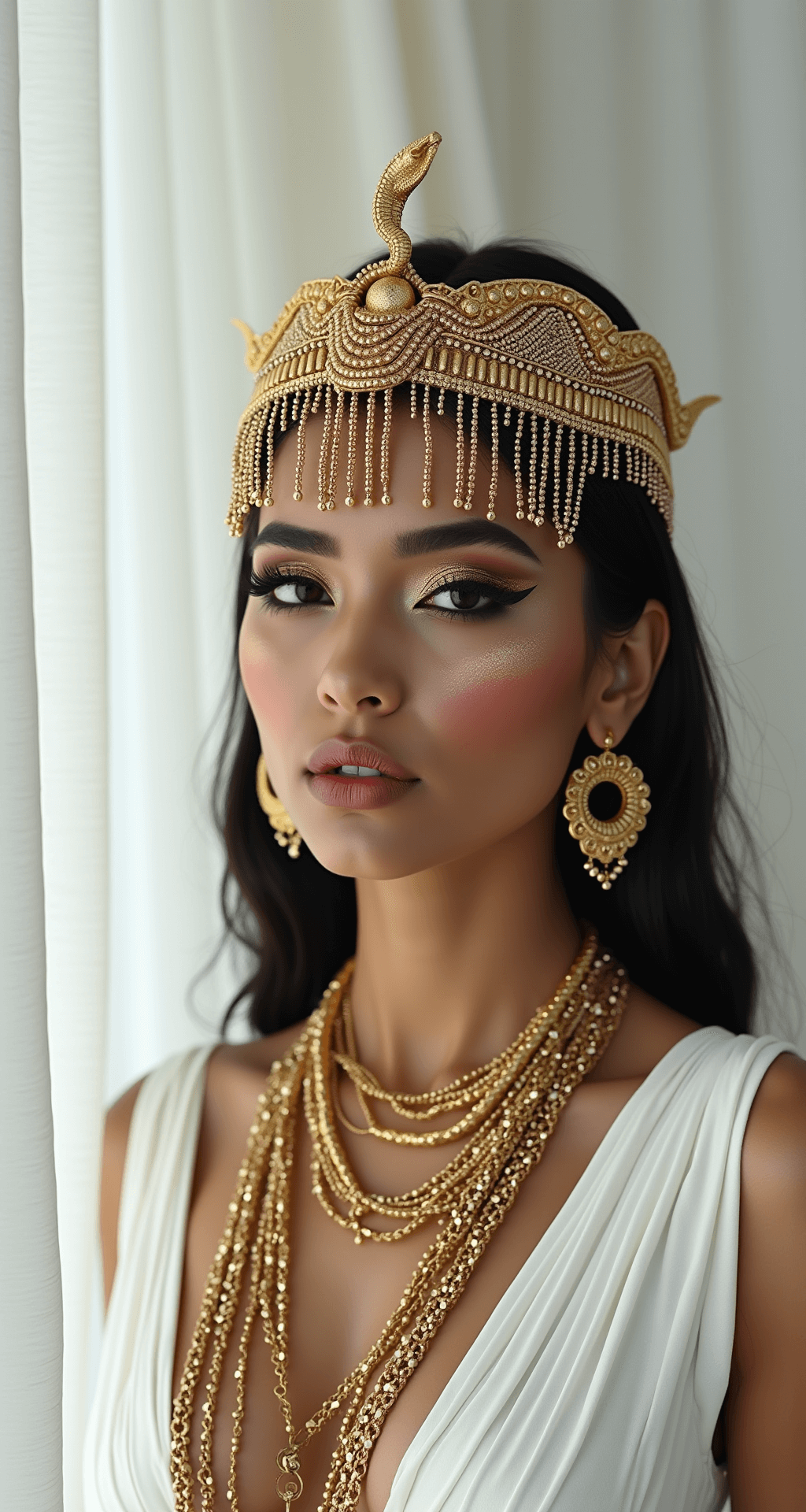 Close-up of a model with Cleopatra-inspired makeup featuring dramatic winged eyeliner, gold-dusted eyelids, and rich jewel-toned lips, framed against a minimalist white background with floating fabric panels. The model's elaborate headdress showcases intricate beadwork and serpentine designs, complemented by layers of gold chains.