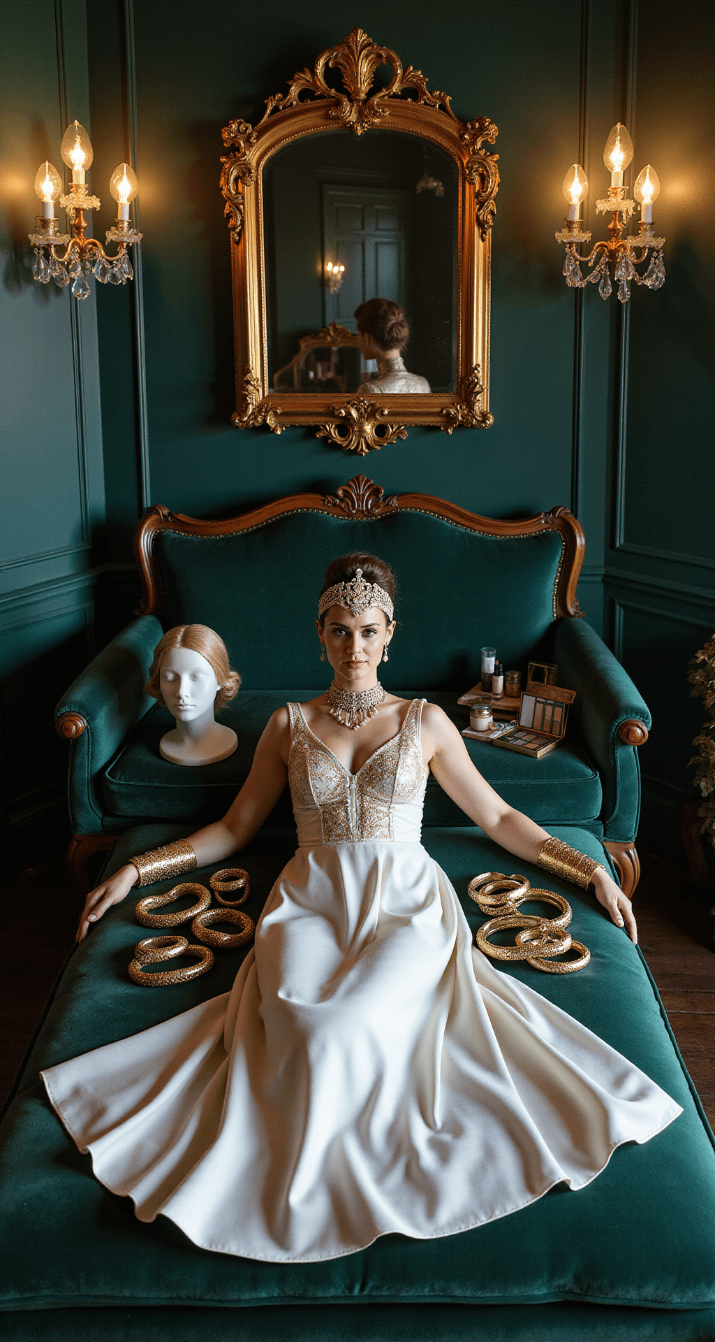 A wide shot of a luxurious boudoir setting featuring deep emerald walls and vintage gold mirrors, showcasing a white silk dress with gold embellishments on a velvet chaise, surrounded by gold bangles, snake arm cuffs, an ornate collar necklace, a headdress on a bust, metallic sandals, and meticulously arranged makeup products, captured from above with soft lighting from crystal sconces.