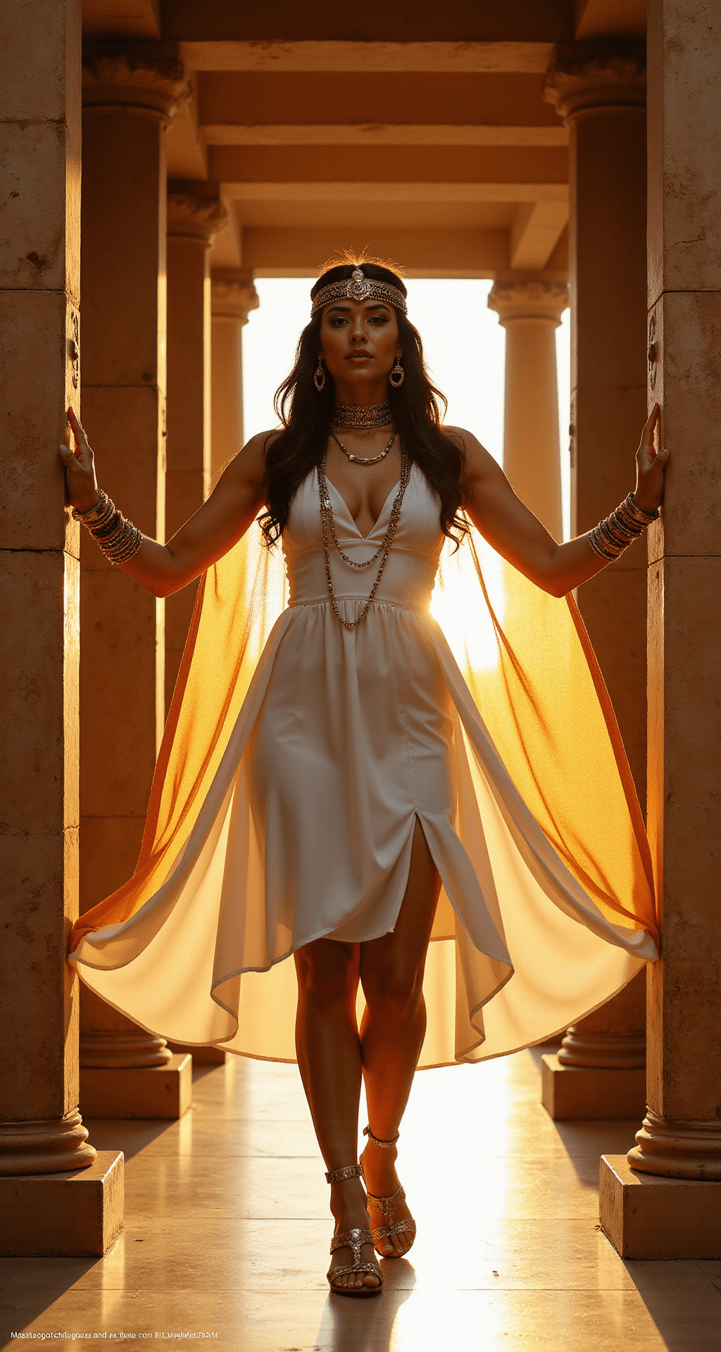 A model in a flowing white Cleopatra costume with a gold cape and layered jewelry poses dramatically in a sunset-lit museum gallery adorned with Egyptian artifacts, framed by authentic columns.