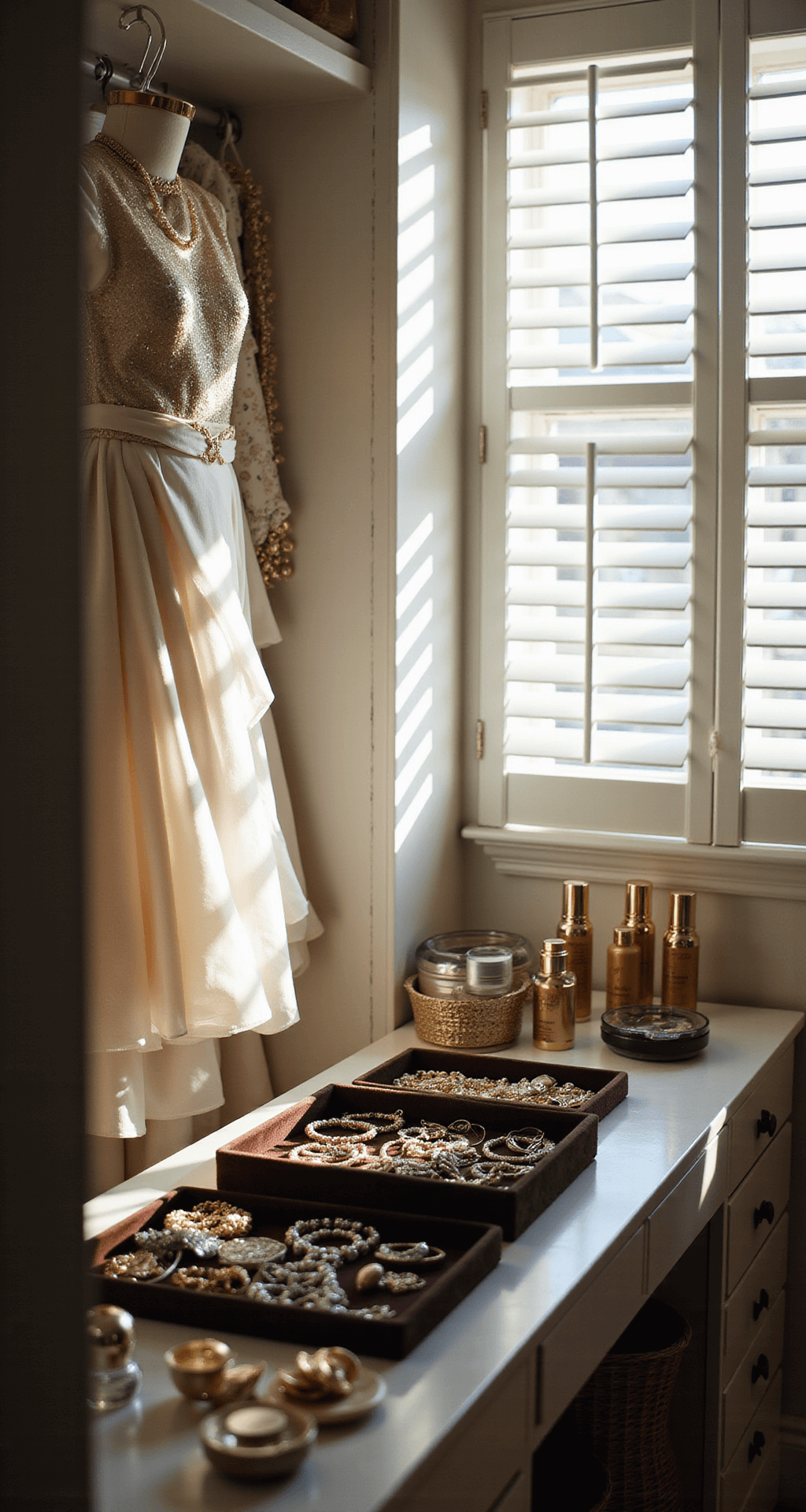 Bright, airy walk-in closet showcasing organized costume elements, with a dress on display, jewelry on velvet trays, and a meticulously arranged gold-toned makeup station. Soft morning light filters through plantation shutters, casting elegant shadows and highlighting the textures of fabrics and sparkle of jewels in a documentary style.