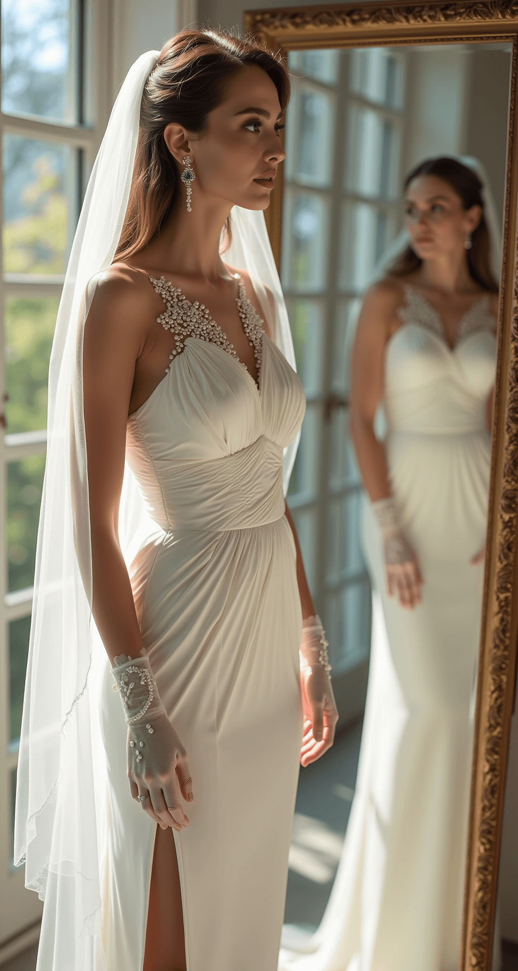 A model in a contemporary white mini wedding dress with architectural pleating and pearl embellishments stands before a full-length mirror in a modern bridal boutique, with afternoon light diffusing through floor-to-ceiling windows. She wears sheer opera gloves and a delicate fingertip veil, and a vintage sapphire ring adds something blue; the image captures a three-quarter angle view with dreamy bokeh effects.