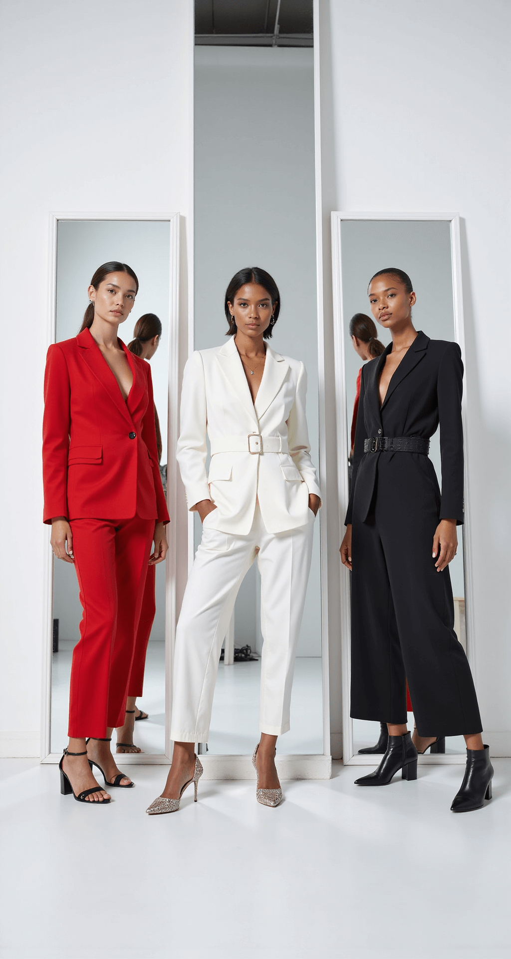 A bright, minimalist studio featuring three full-length mirrors in a triangle formation. Models showcase high-fashion looks: a structured red blazer dress, an architectural white jumpsuit, and an avant-garde black ensemble, complemented by sleek accessories, all captured with clean lighting and reflective elements.