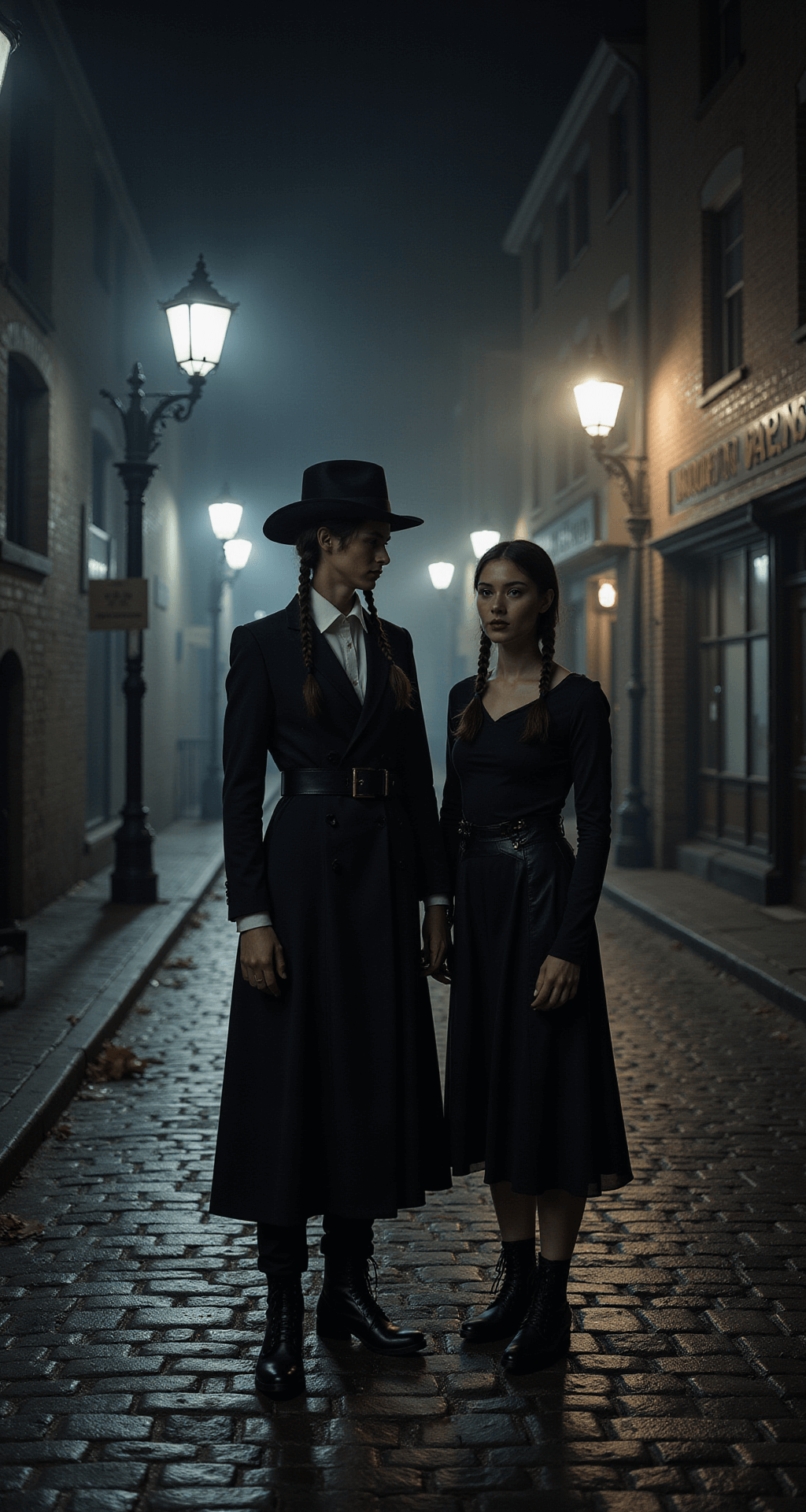 A gothic couple in a nighttime street scene, featuring a female model in a black dress with a white collar and twin braids, alongside a creative representation of 'Thing', under vintage streetlamps on a dark cobblestone street, with moody lighting and fog.