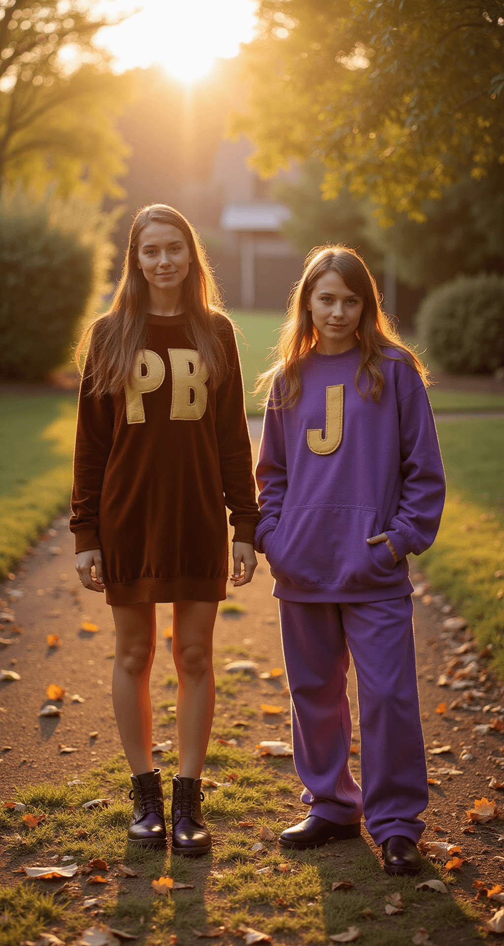 Sunlit outdoor garden with a DIY Peanut Butter & Jelly couple; one figure in a brown velvet sweater dress with 'PB' felt lettering, the other in purple loungewear with 'J' appliqué. Autumn leaves on the ground, warm hues, shot at eye level with a soft bokeh background.