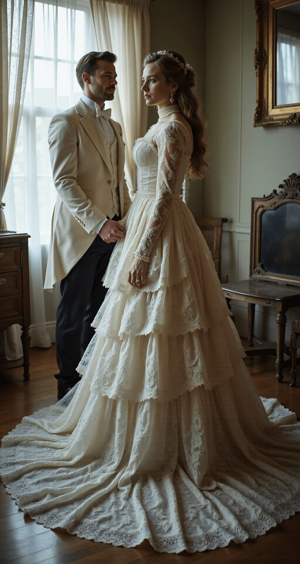 A vintage-inspired indoor scene featuring a Victorian ghost couple in an ornate mansion, illuminated by soft window light. The woman wears a layered lace dress with a high collar, while the man dons a formal tailcoat with a cravat, both in shades of ethereal white and cream. Antique furniture and mirrors add depth to the dreamy, slightly overexposed aesthetic.
