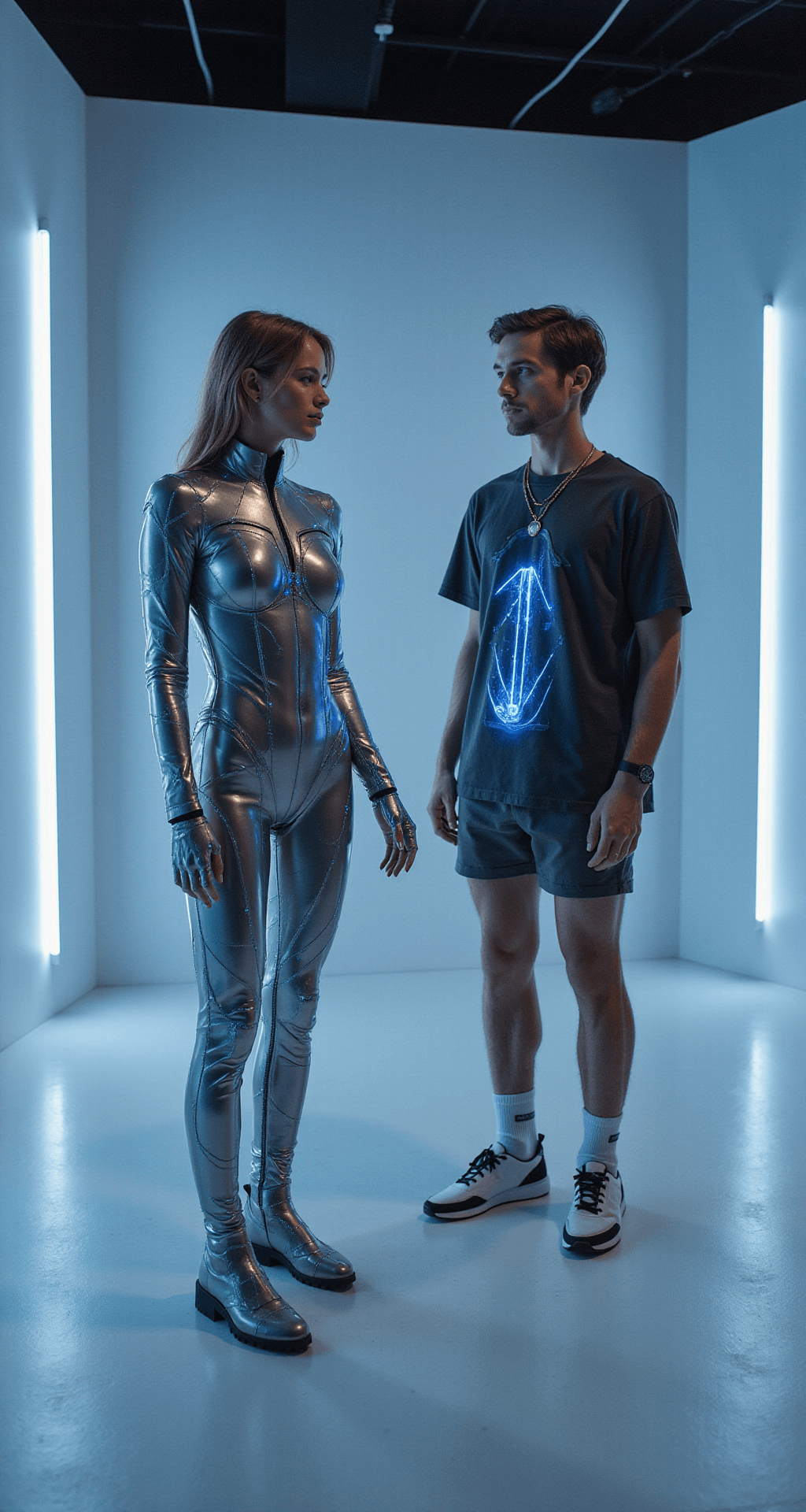 A female model in a futuristic metallic bodysuit with geometric patterns and illuminated accessories poses alongside a male partner in casual tech-wear with holographic details, set in a sleek, minimalist studio with LED accent lighting.