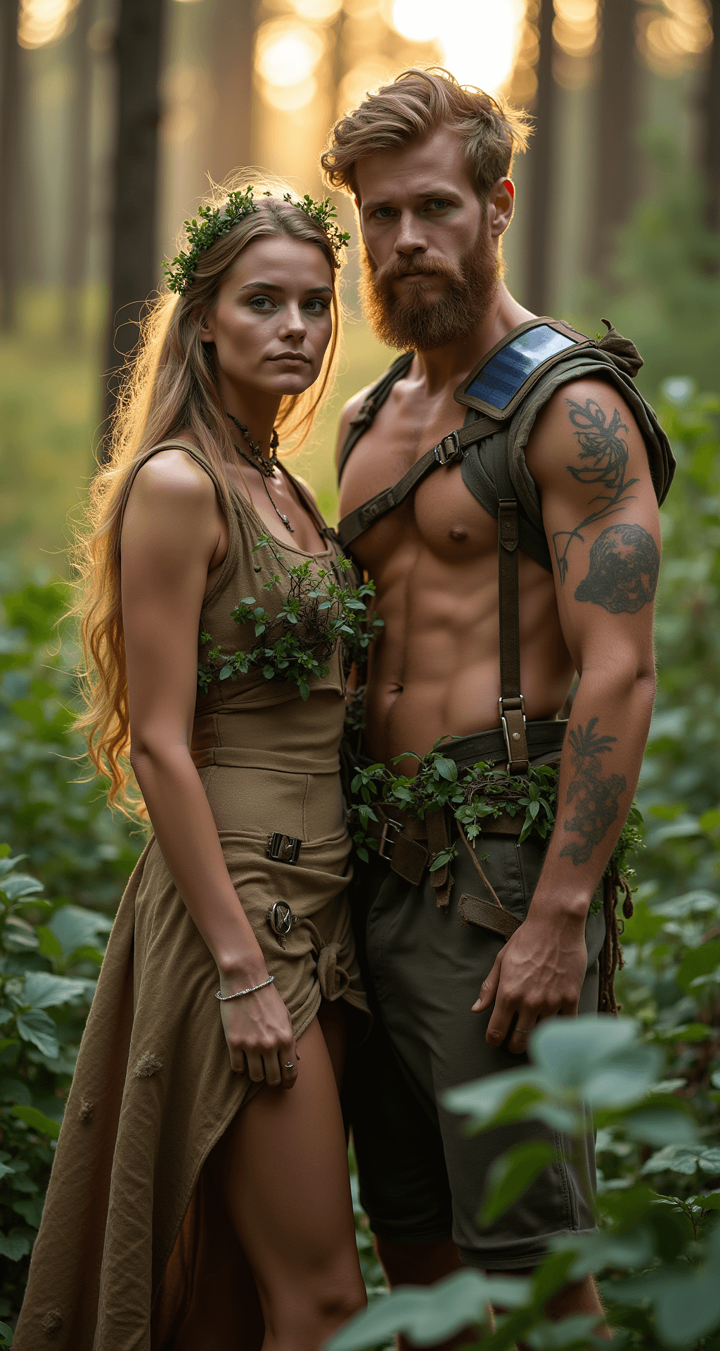 An eco-warrior couple stands in a lush forest at magic hour, sheathed in costumes made from sustainable materials; her earth-toned dress is embellished with living plants, while he wears hemp clothing highlighted with solar-powered LED accents. Reclaimed materials serve as environmental props, all illuminated by natural backlighting that creates an ethereal glow.