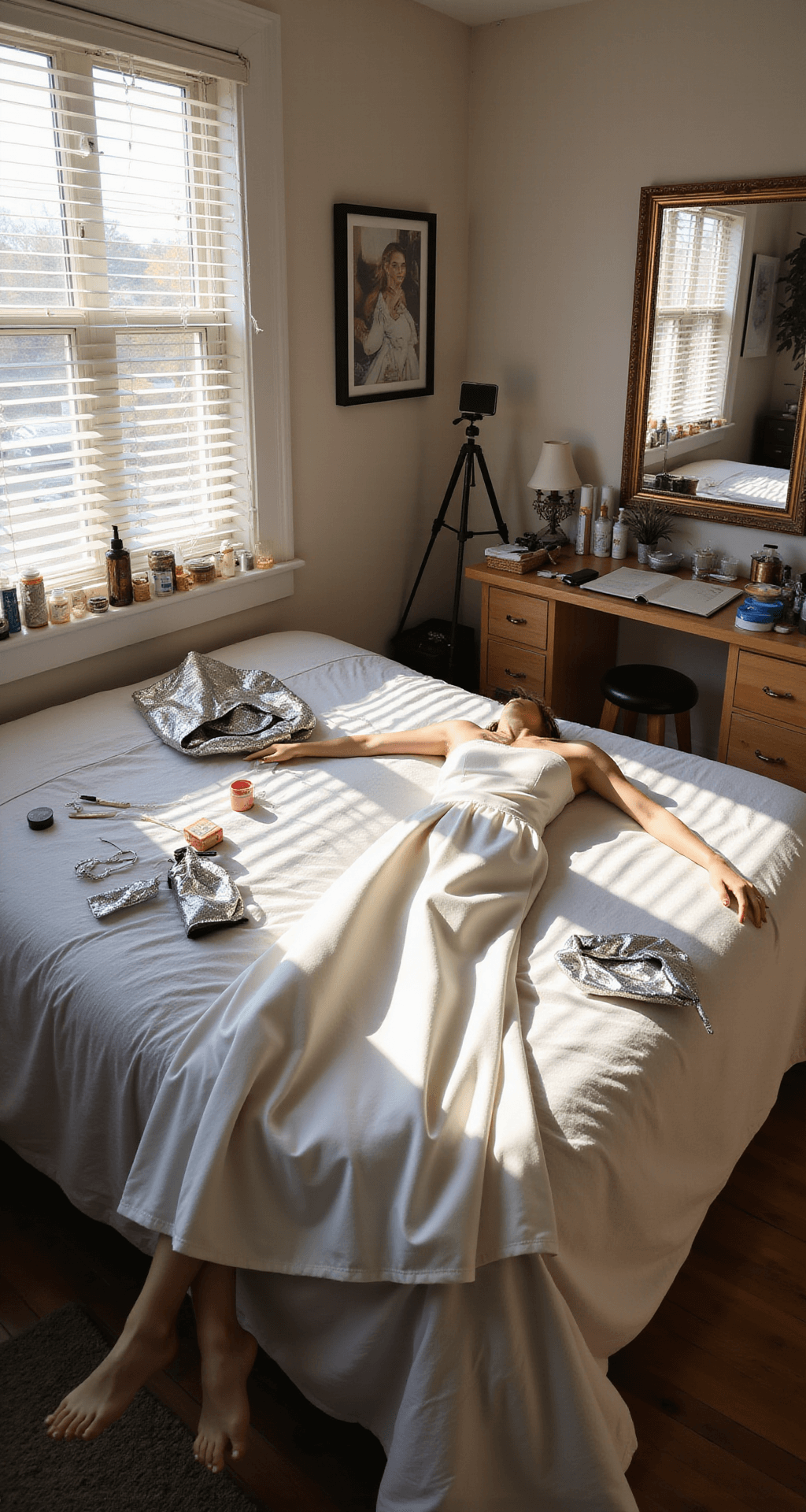 A minimalist dorm room during golden hour featuring a white dress styled as a White Claw costume on a well-made bed, surrounded by metallic silver accessories and fabric paint supplies, with sunlight streaming through the window, a phone on a tripod for documentation, fairy lights, and a full-length mirror reflecting the organized creative space, captured from a 45-degree elevated angle.