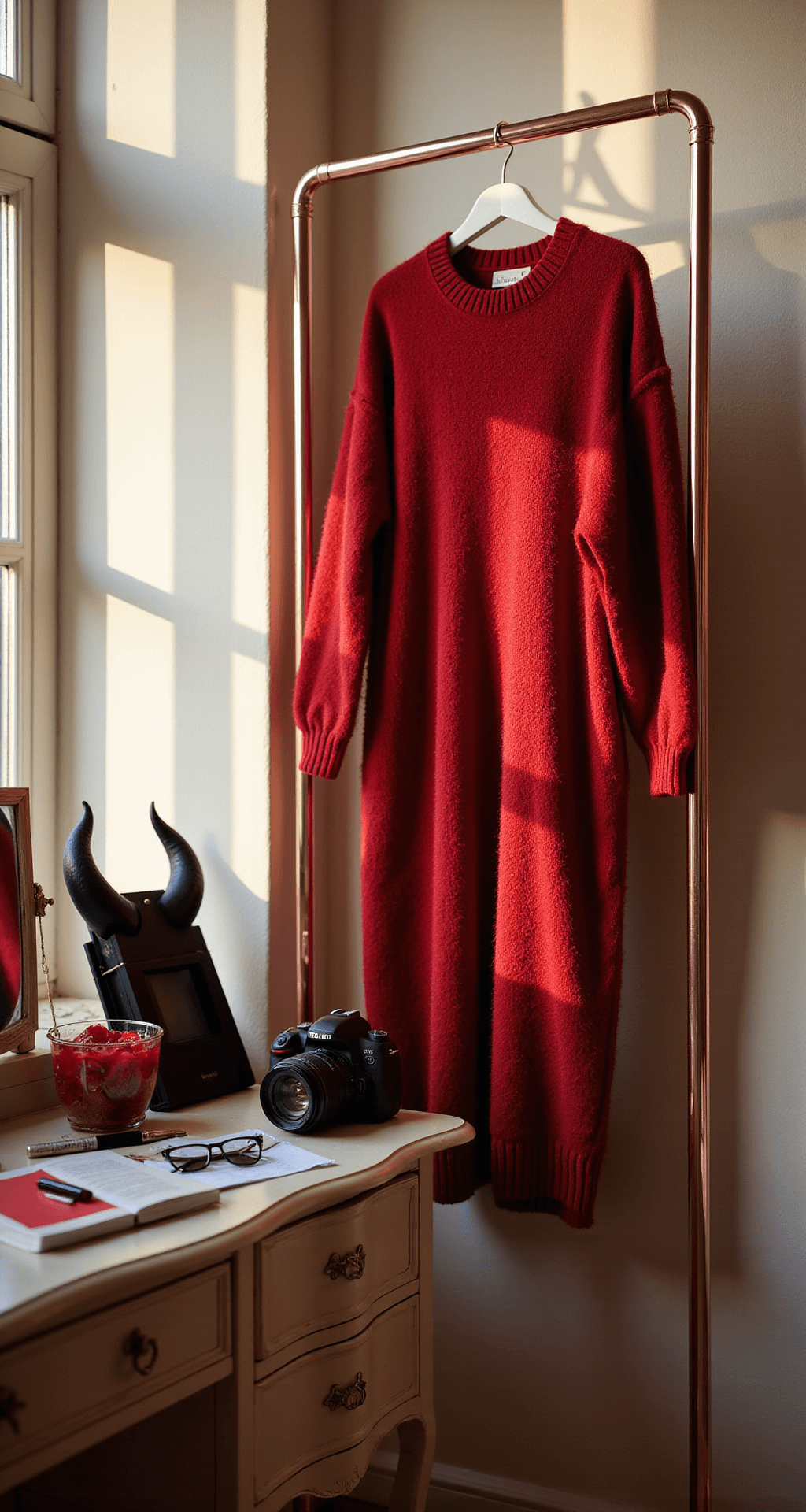 A cozy bedroom corner with soft afternoon light, featuring a red sweater dress on a rose gold clothing rack, alongside a vintage vanity adorned with devil costume accessories, including black horns, red lipstick, and black eyeliner, all set against cream-colored walls.