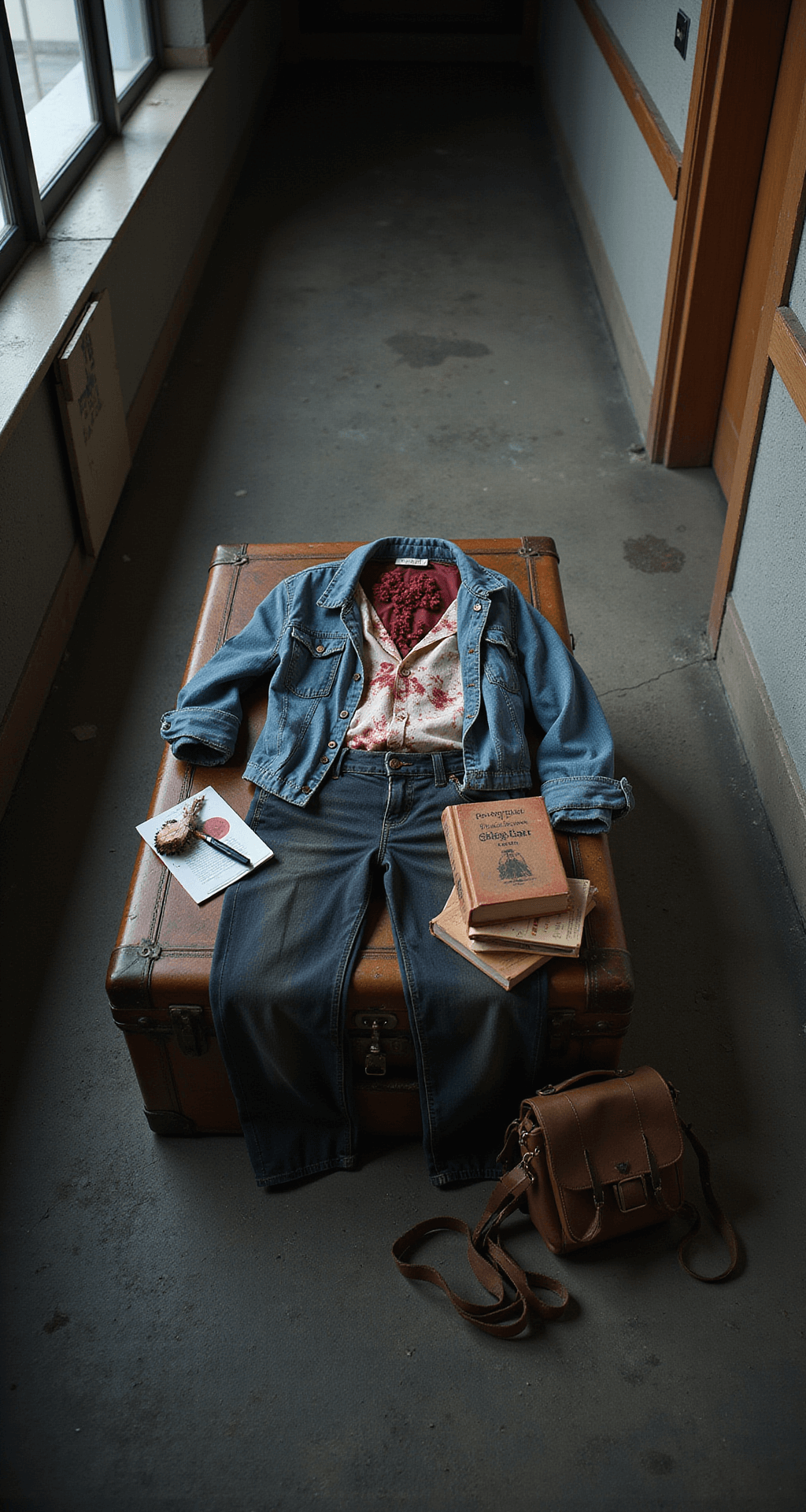 A dimly lit overhead view of a college hallway featuring an artistic arrangement of zombie student costume elements on a vintage trunk, including distressed clothing, professional makeup supplies, a worn leather backpack, and spilling books, all highlighted by moody lighting that emphasizes texture.