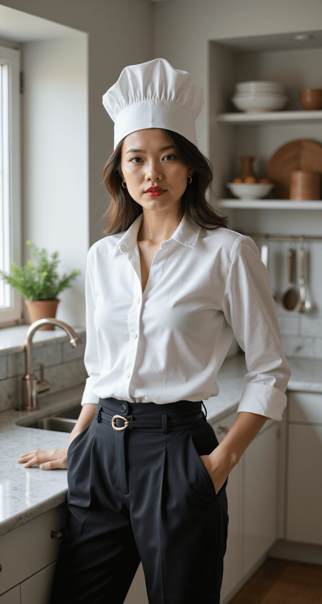 A modern kitchen transformed into a fashion photo studio featuring a crisp white chef's shirt and elegant black trousers on a marble countertop, complemented by a handmade paper chef's hat and luxury red lipstick, with fresh herbs and cooking tools enhancing the scene.
