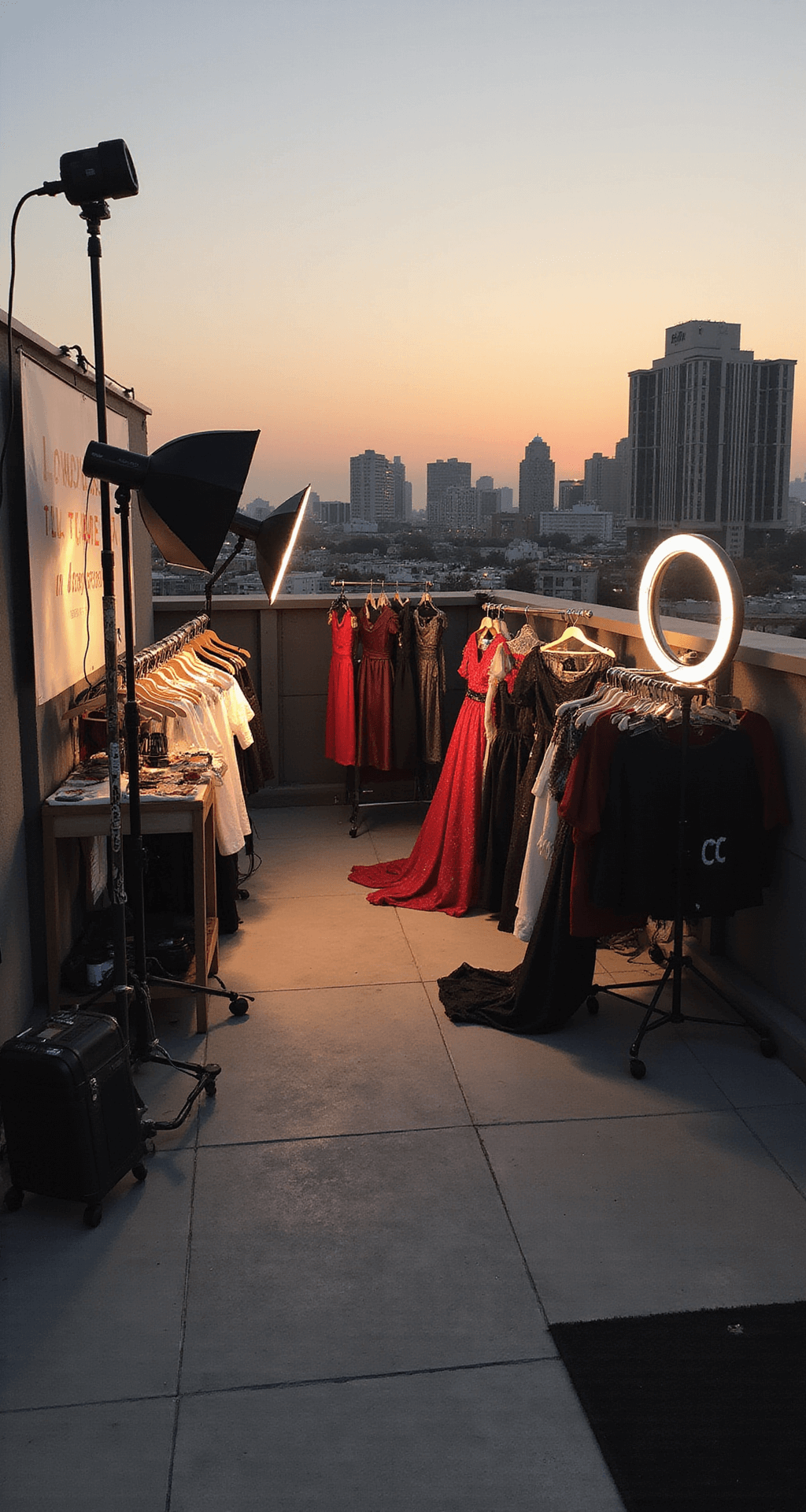 A vibrant rooftop photography setup at golden hour featuring city views, with multiple lighting setups, a professional camera on a tripod, elegant clothing racks adorned with Halloween costumes, and makeup stations with ring lights showcasing costume accessories.