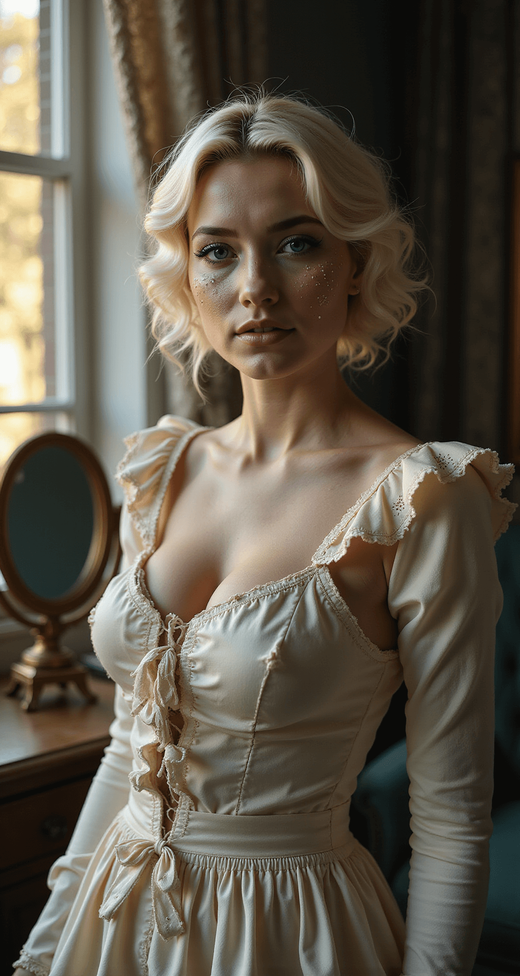 A fashion model in a distressed porcelain doll costume poses in a dimly lit Victorian-style dressing room, with a cream silk dress showing subtle tears. Close-up details highlight intricate latex-created porcelain cracks on her pale skin, glass-like blue contact lenses, and platinum blonde ringlets. The vintage vanity mirror reflects haunting dark-rimmed eyes and spider-web patterns on her cheekbones, enhanced by golden hour light filtering through lace curtains.