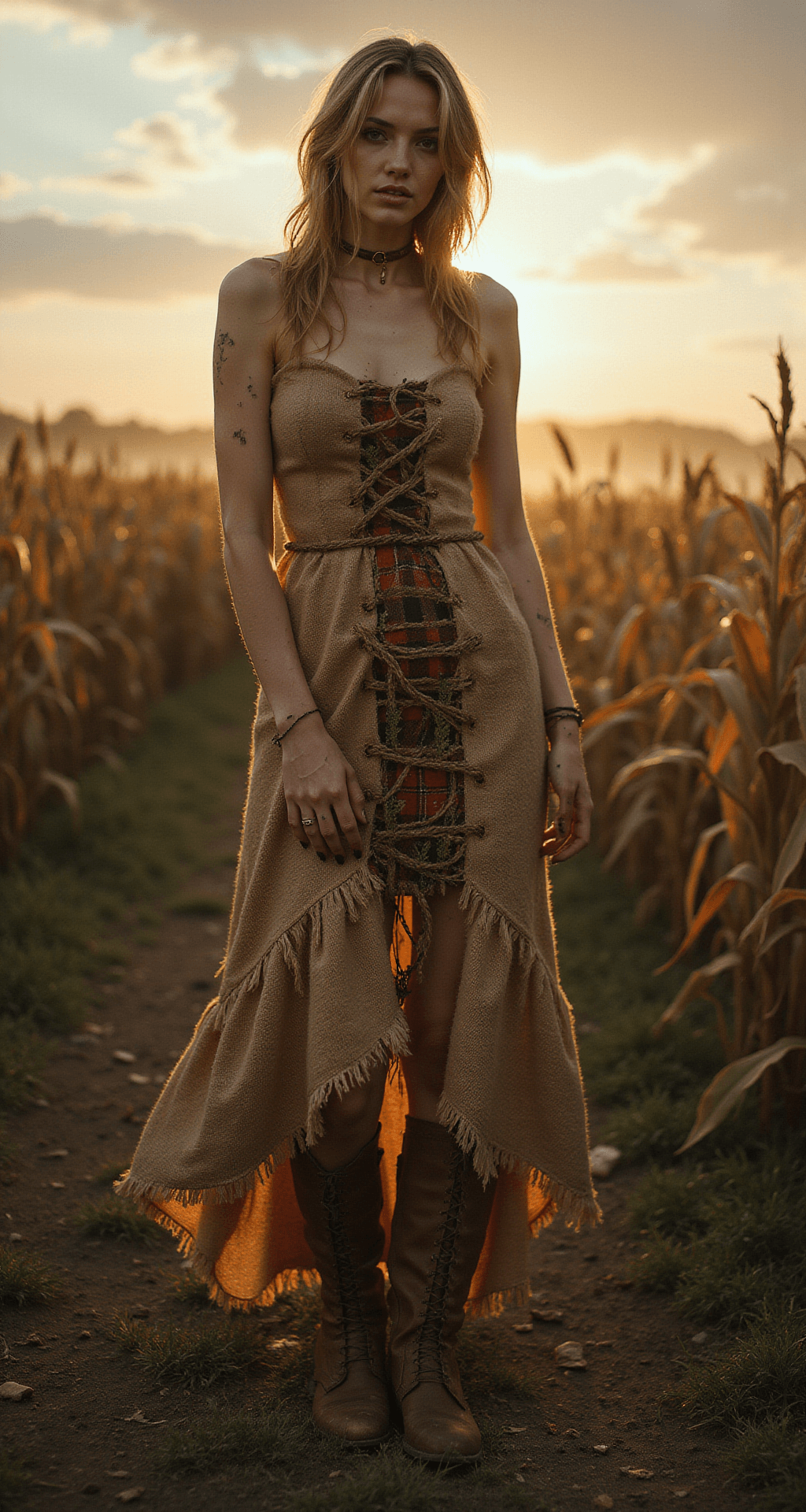 A fashion model poses in an abandoned cornfield at dusk, wearing a haute couture burlap dress designed to resemble a scarecrow, complete with weathered plaid fabric and intricate rope detailing. The model's theatrical earth-toned makeup complements the misty atmosphere and cinematic lighting, while leather boots are adorned with authentic soil. Smoke effects enhance the dramatic scene, captured in a wide-angle composition.