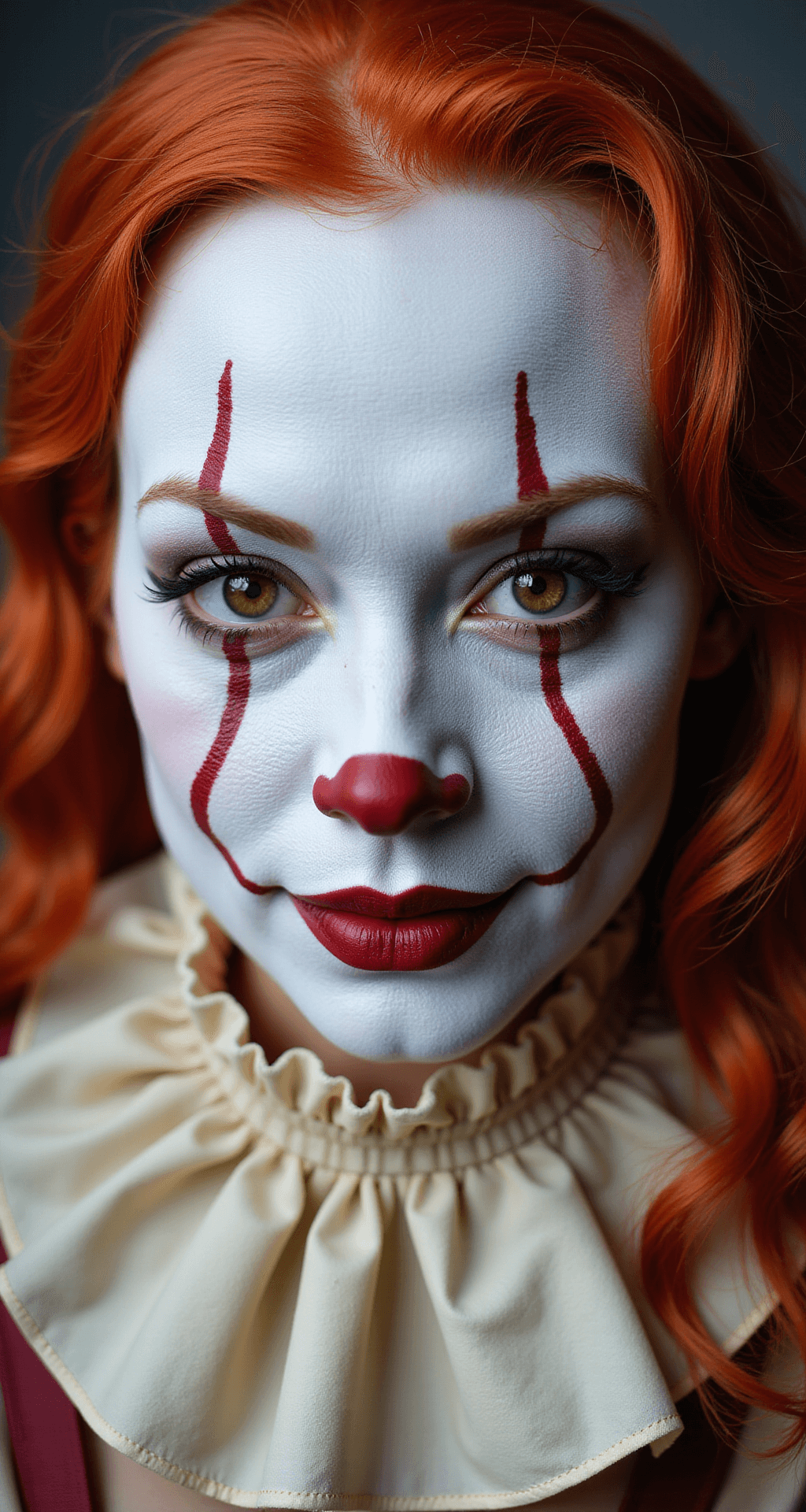 Close-up of a model with avant-garde Pennywise-inspired makeup, featuring a pristine white face, precise red lines, a prosthetic forehead piece, a fire-red Victorian-style wig, and a vintage cream ruffled collar, with detailed eye makeup highlighted by a colored contact lens, captured under professional studio lighting.