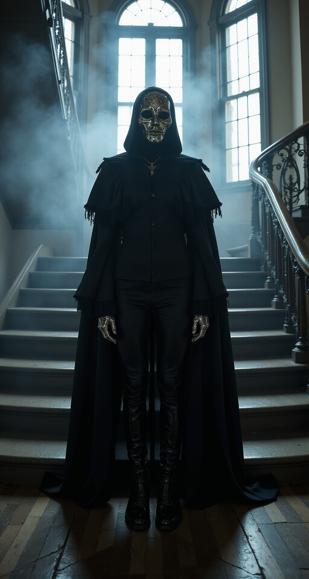 Gothic mansion foyer at midnight featuring a model in a designer Ghostface costume with a flowing black couture cape and chrome-detailed mask, surrounded by theatrical fog and dramatic uplighting, captured from a low angle with moonlight streaming through Victorian windows.