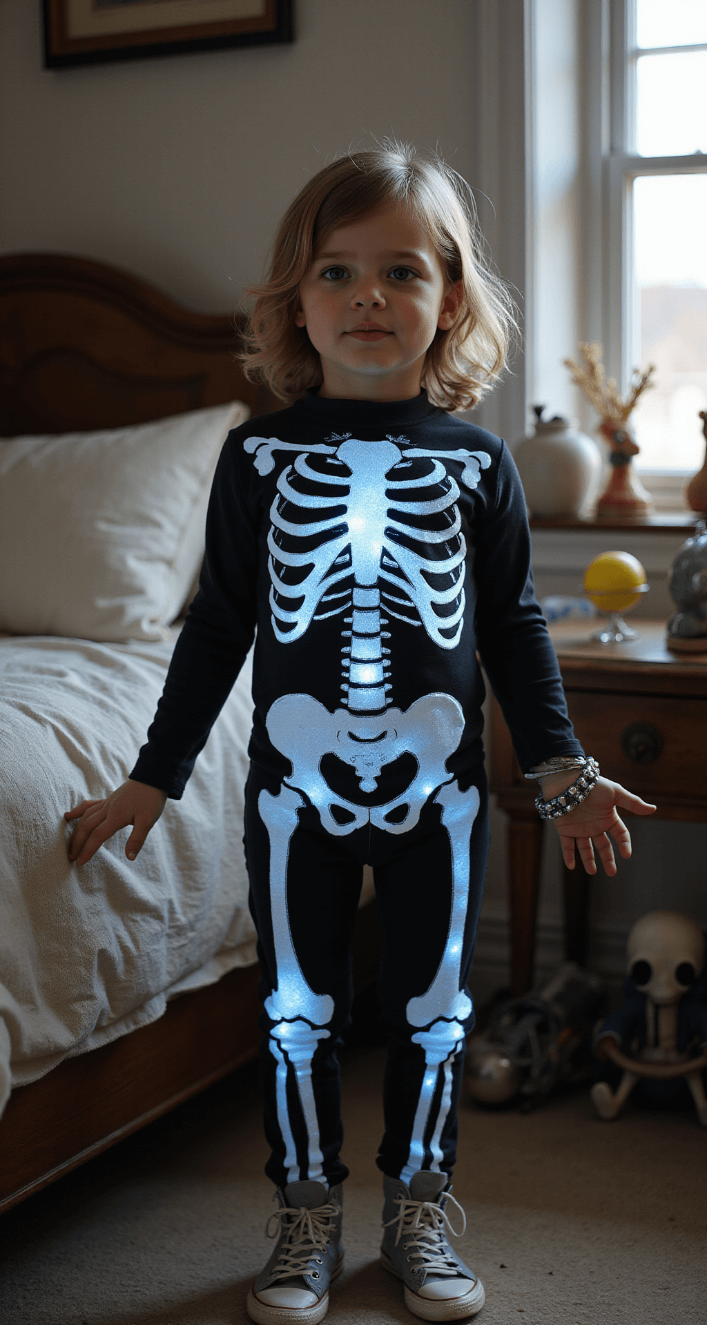 A young model wears an elevated skeleton costume with glow-in-the-dark painted bones, surrounded by vintage toys in a softly lit child's bedroom, showcasing an ethereal glow from integrated LED lights.