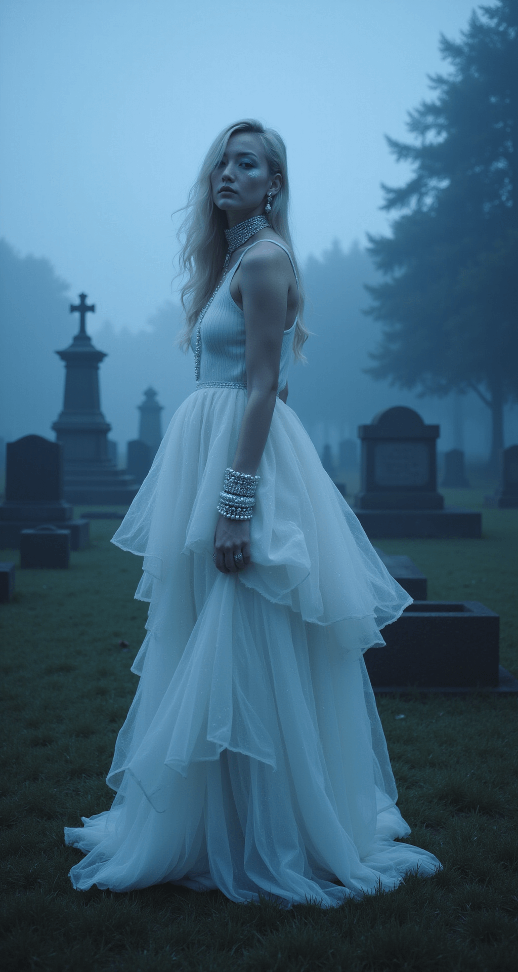 A high-fashion ghost figure in a foggy graveyard at twilight, wearing layers of distressed white chiffon and tulle adorned with pearl-encrusted accessories, against a backdrop of ethereal smoke and atmospheric depth, captured with dynamic fabric movement by a wind machine and backlit with blue-toned lighting.