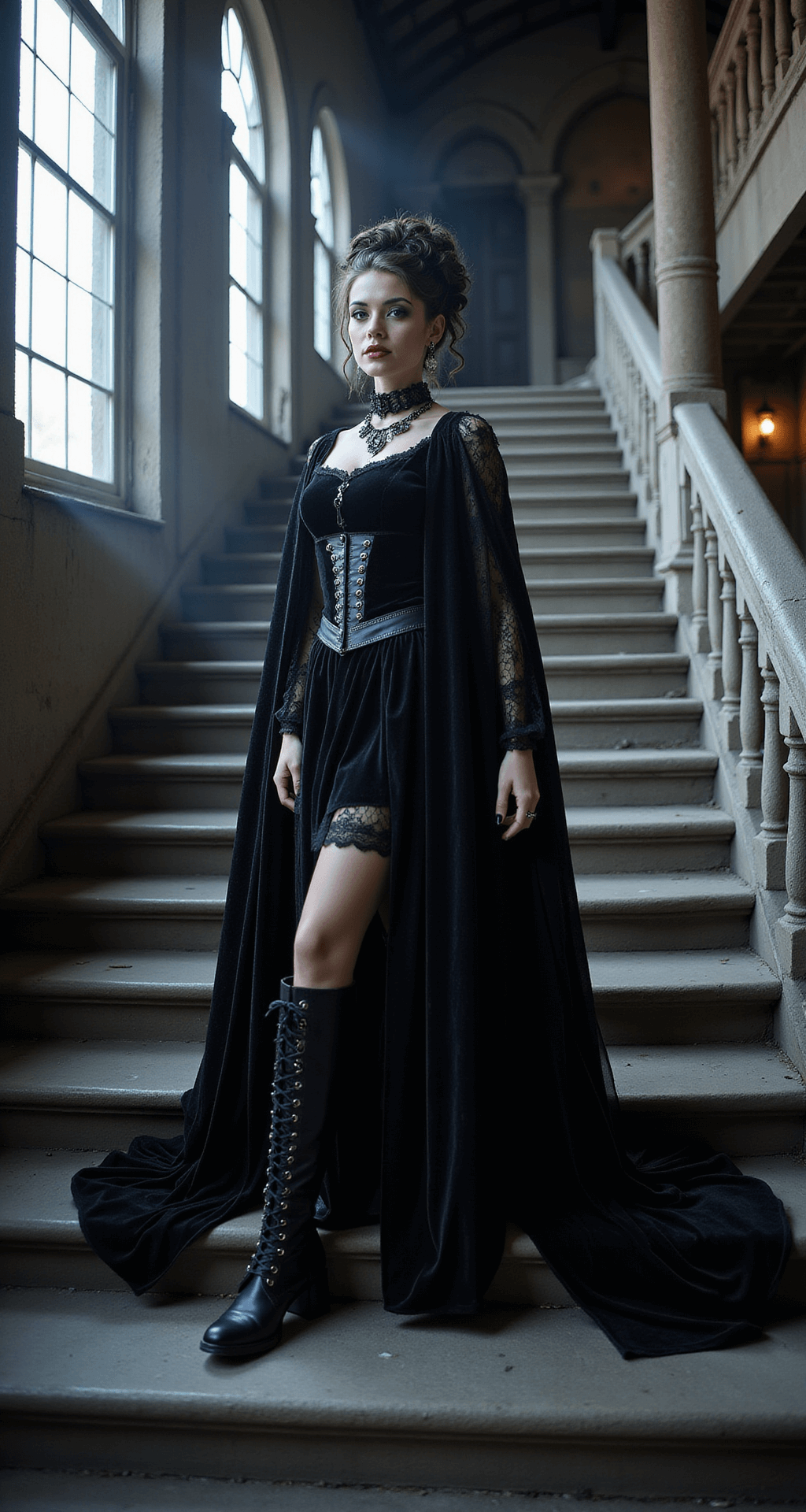 The Ultimate Guide to Rocking a Vampire Halloween Costume (No Sparkles Required!) A gothic vampire in a black velvet gown with a dramatic train stands on a dramatic stone staircase, illuminated by moonlight through arched windows, showcasing intricate architectural details and mysterious shadows. Her hair is styled in a complex braided updo adorned with gothic accessories, and her theatrical pale makeup features dark smoky eyes and blood-red lips. She wears layered vintage-style necklaces and rings, enhancing her haunting appearance.