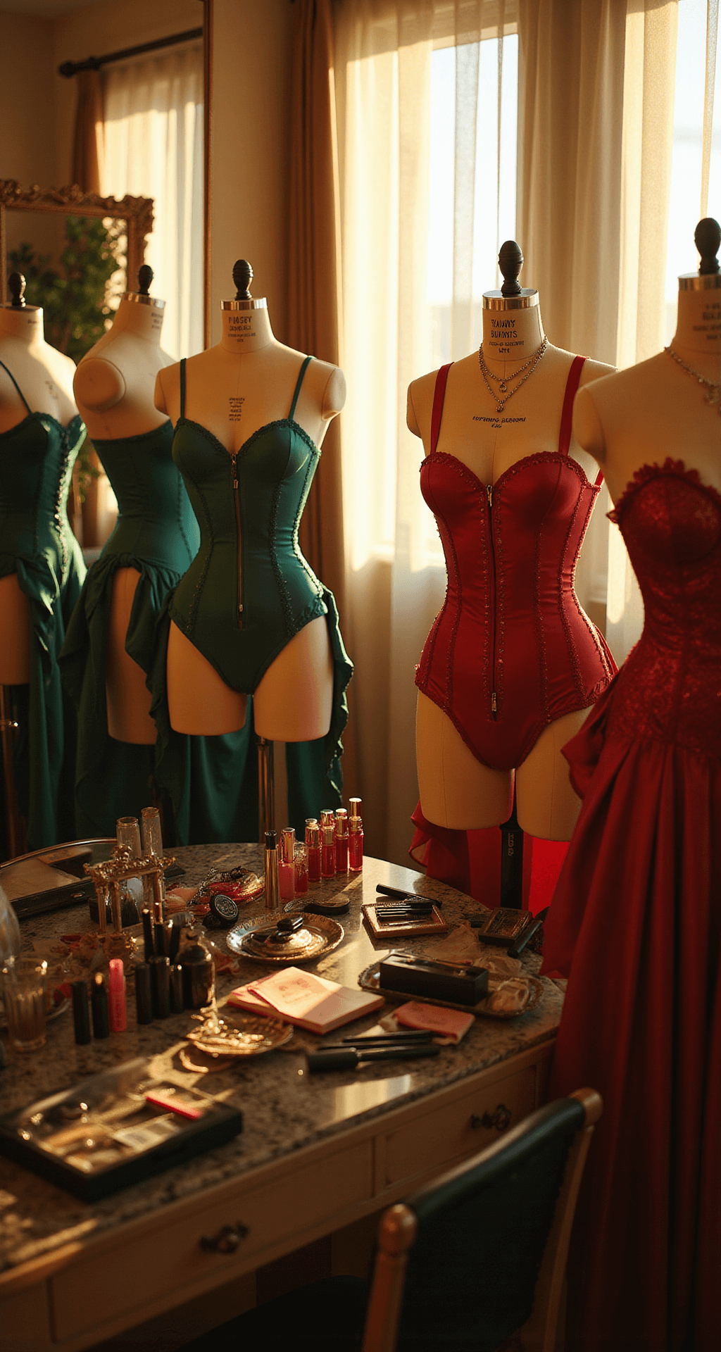 A luxurious hotel suite dressing room bathed in golden hour light, featuring elegant mannequins adorned with jewel-toned Playboy Bunny costumes. The scene captures close-up details of satin fabrics and intricate stitching, while a vanity table is adorned with professional makeup items, including false lashes and red lipsticks.