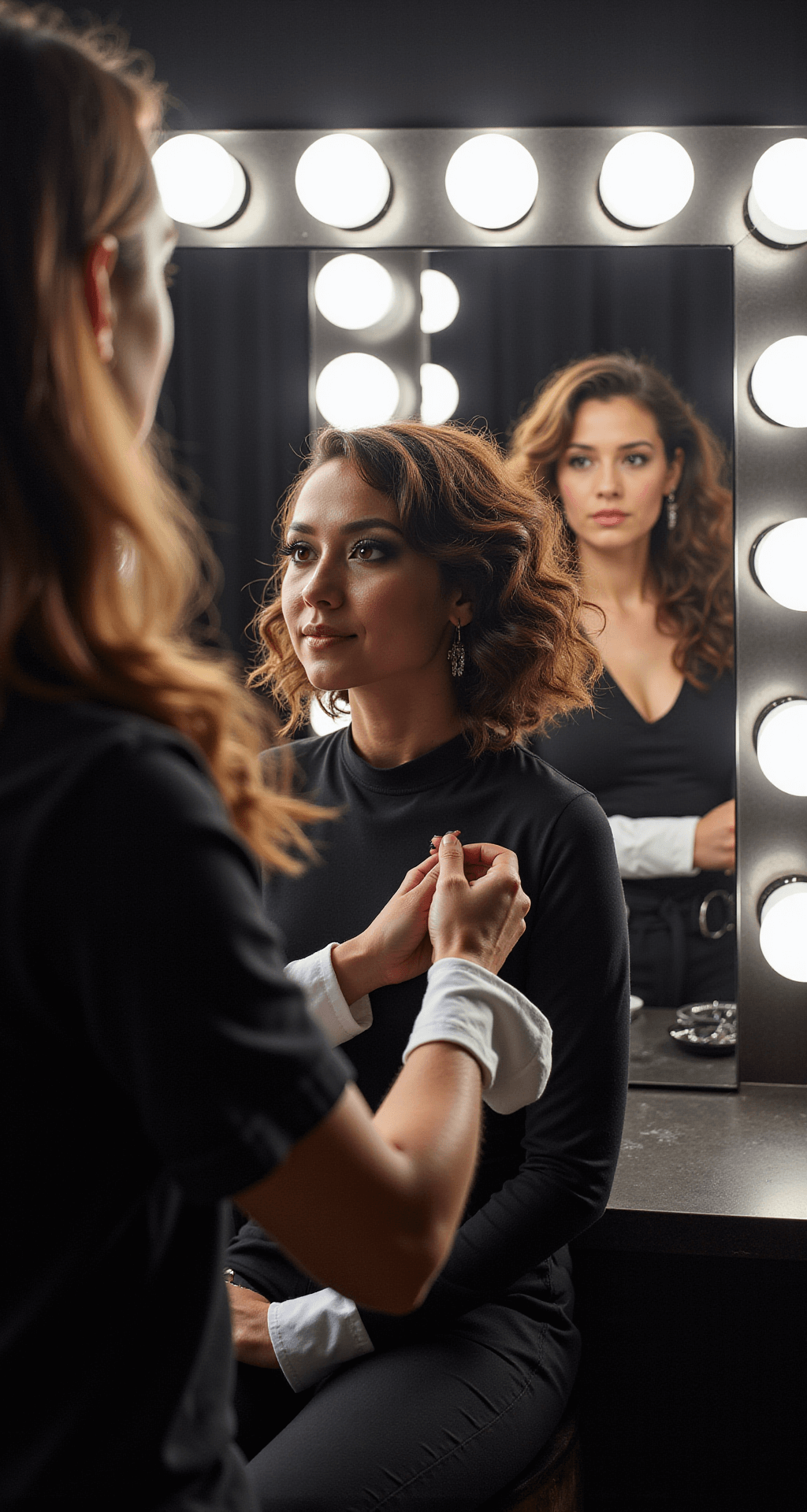 Backstage scene featuring a model making final costume adjustments in front of a triple mirror, with a hairstylist volumizing curls and a makeup artist applying finishing touches to smokey eye makeup. Detailed focus on white cuffs being secured with cufflinks, captured in a documentary style with professional lighting.