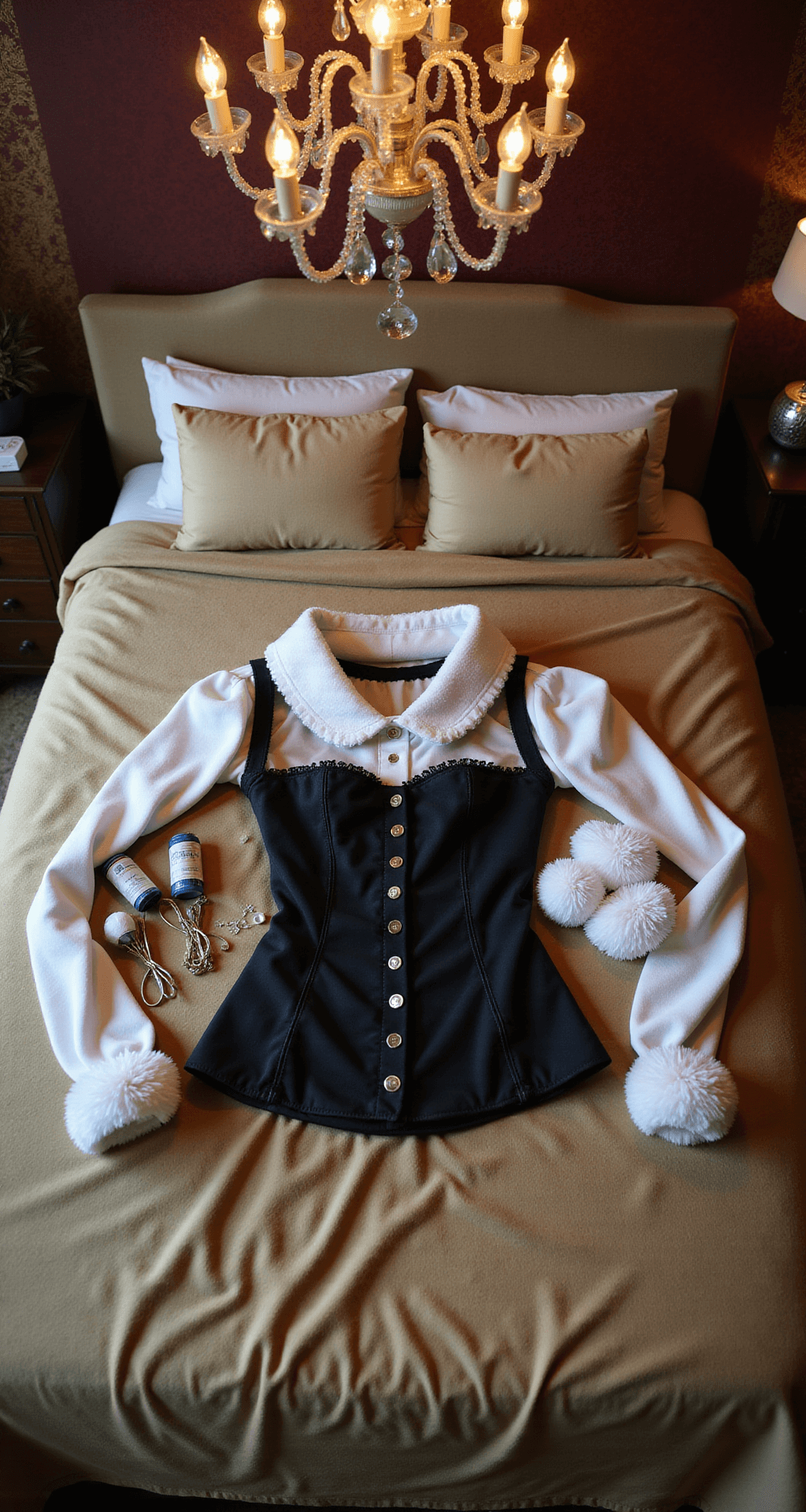 A vintage-inspired bedroom with warm ambient lighting from a crystal chandelier, featuring a plush velvet bedspread adorned with a DIY black corset, handcrafted white collar and cuffs, and craft store bunny ears. The scene includes artfully arranged sewing supplies, white fabric, and fluffy pom-poms, captured in an overhead flat lay composition.