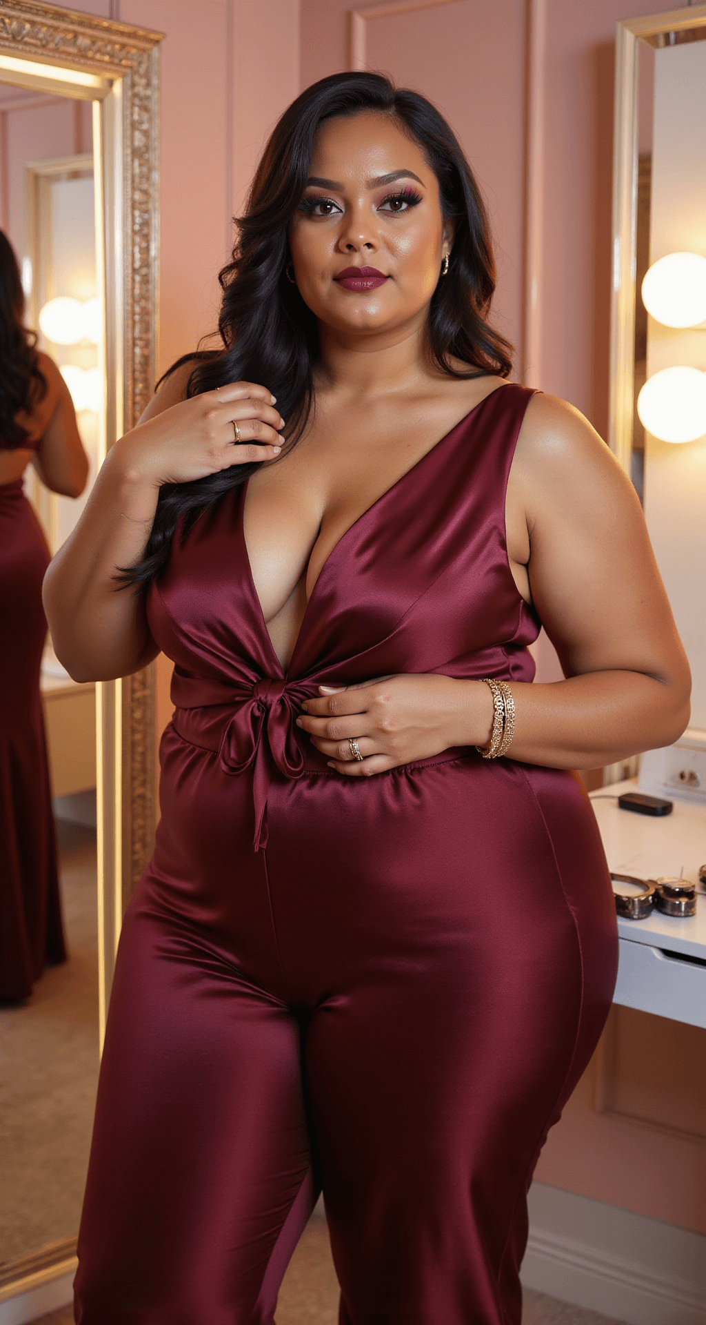 Close-up of a plus-size model in a boutique fitting room with soft pink walls, adjusting a luxurious burgundy satin Playboy costume, highlighting the flattering silhouette and perfect fit. Stylish details like double-sided tape and safety pins are visible at the styling station, captured with a dreamy bokeh effect.