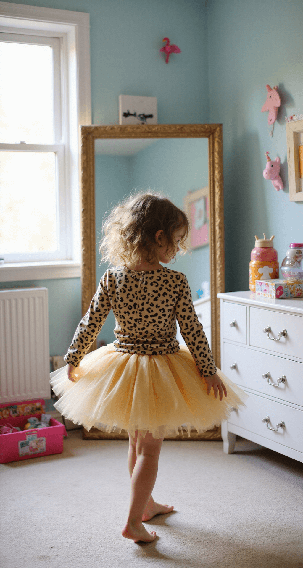 A young girl twirls joyfully in front of a full-length mirror, donning a whimsical tulle-accented cheetah costume with sparkly details, in a bright, airy children's bedroom adorned with pastel walls and playful decor. Natural midday light enhances the scene, while Disney-inspired accessories are scattered on a nearby white dresser.