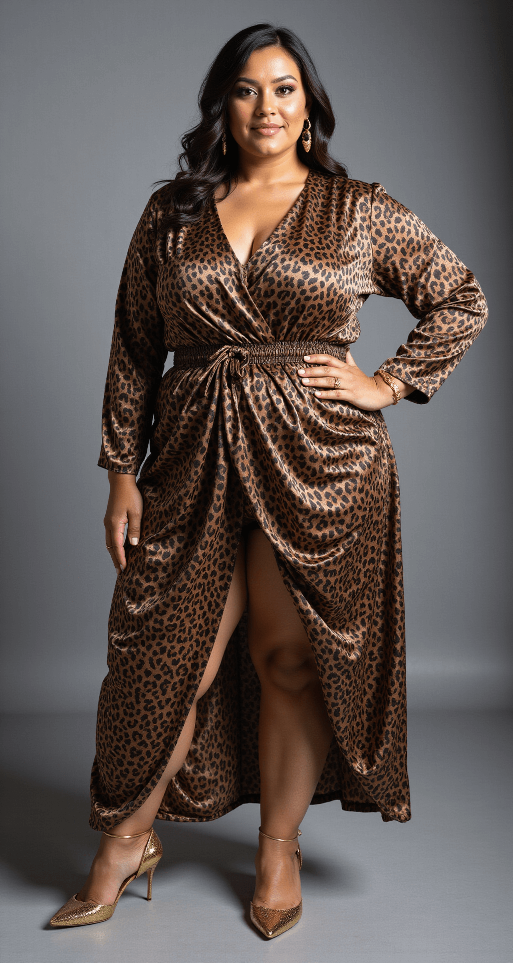A plus-size model poses confidently in a luxe cheetah print outfit with ruching and flowing fabric, accessorized with gold-toned jewelry, against a textured grey backdrop. The studio lighting enhances the polished yet natural hair and makeup, with a shallow depth of field focusing on the costume details.
