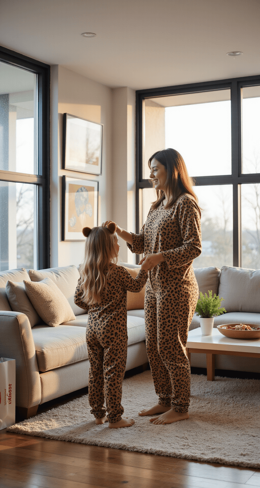 A modern family living room bathed in warm afternoon light, featuring large windows and contemporary furniture. A mother and daughter are playfully trying on matching cheetah costumes, surrounded by shopping bags from Target, capturing a cozy and candid lifestyle moment from a slightly elevated angle.