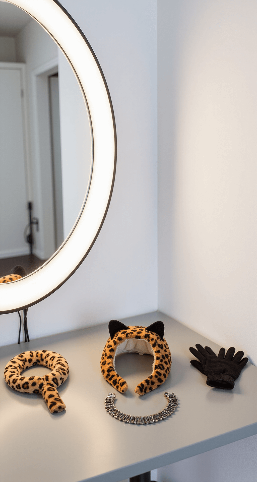 Close-up of cheetah costume accessories including velvet ears, matching gloves, tail attachment, and a statement necklace, arranged professionally in a minimalist dressing room with white walls and soft lighting.