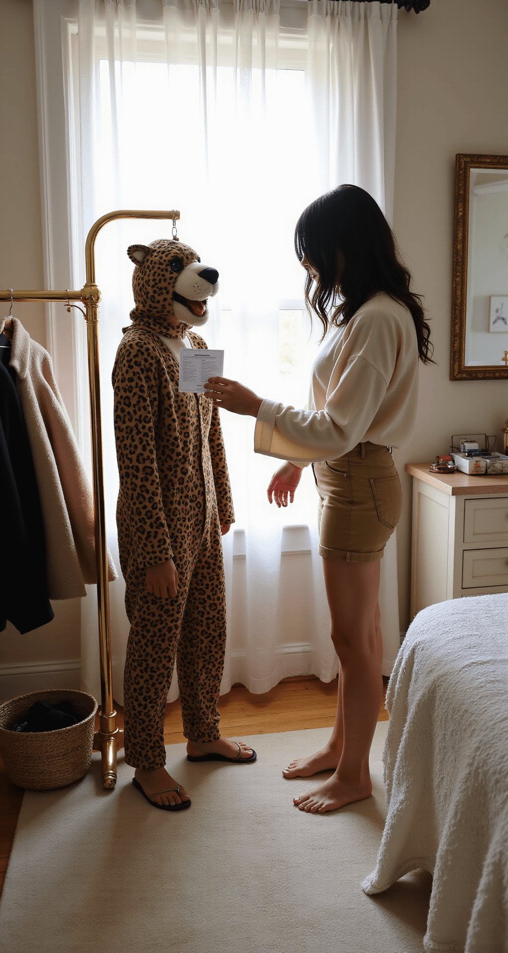 A vintage-inspired bedroom featuring a vanity setup, with a fashion blogger hanging a premium cheetah costume on a brass clothing rack, illuminated by soft window light highlighting the care instructions tag, and laundry accessories thoughtfully arranged.